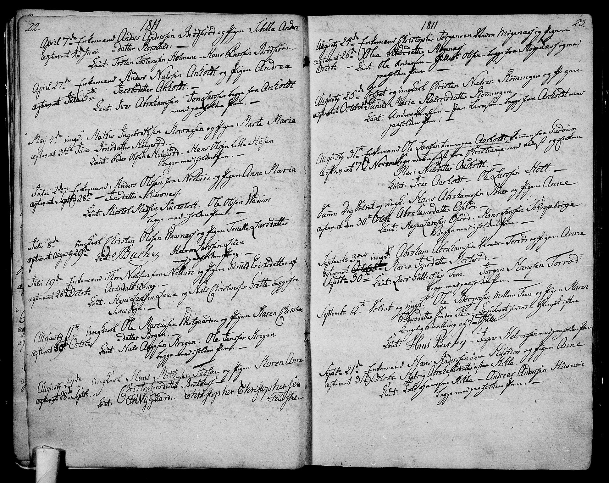 Stokke kirkebøker, AV/SAKO-A-320/F/Fa/L0004: Parish register (official) no. I 4, 1804-1815, p. 22-23