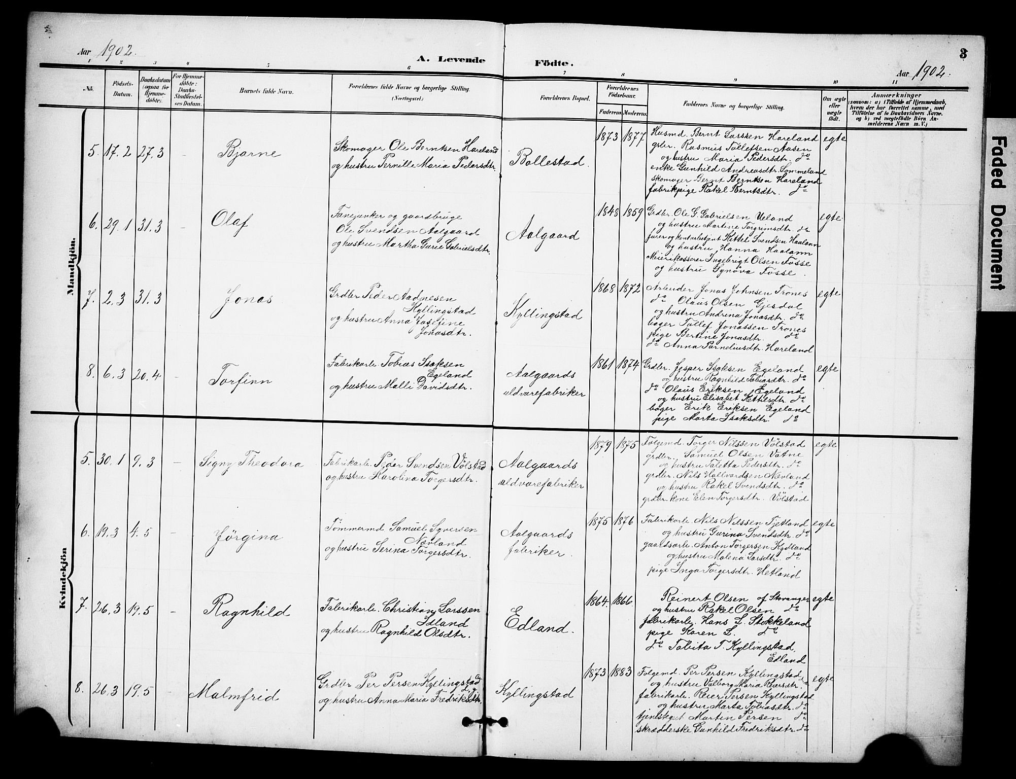 Lye sokneprestkontor, SAST/A-101794/001/30BB/L0009: Parish register (copy) no. B 9, 1902-1923, p. 3