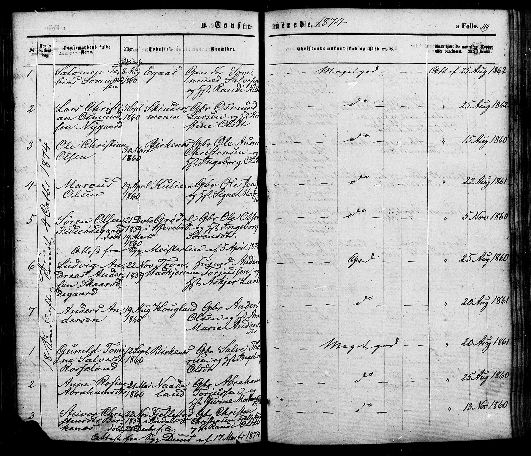 Søgne sokneprestkontor, SAK/1111-0037/F/Fa/Faa/L0002: Parish register (official) no. A 2, 1854-1882, p. 119