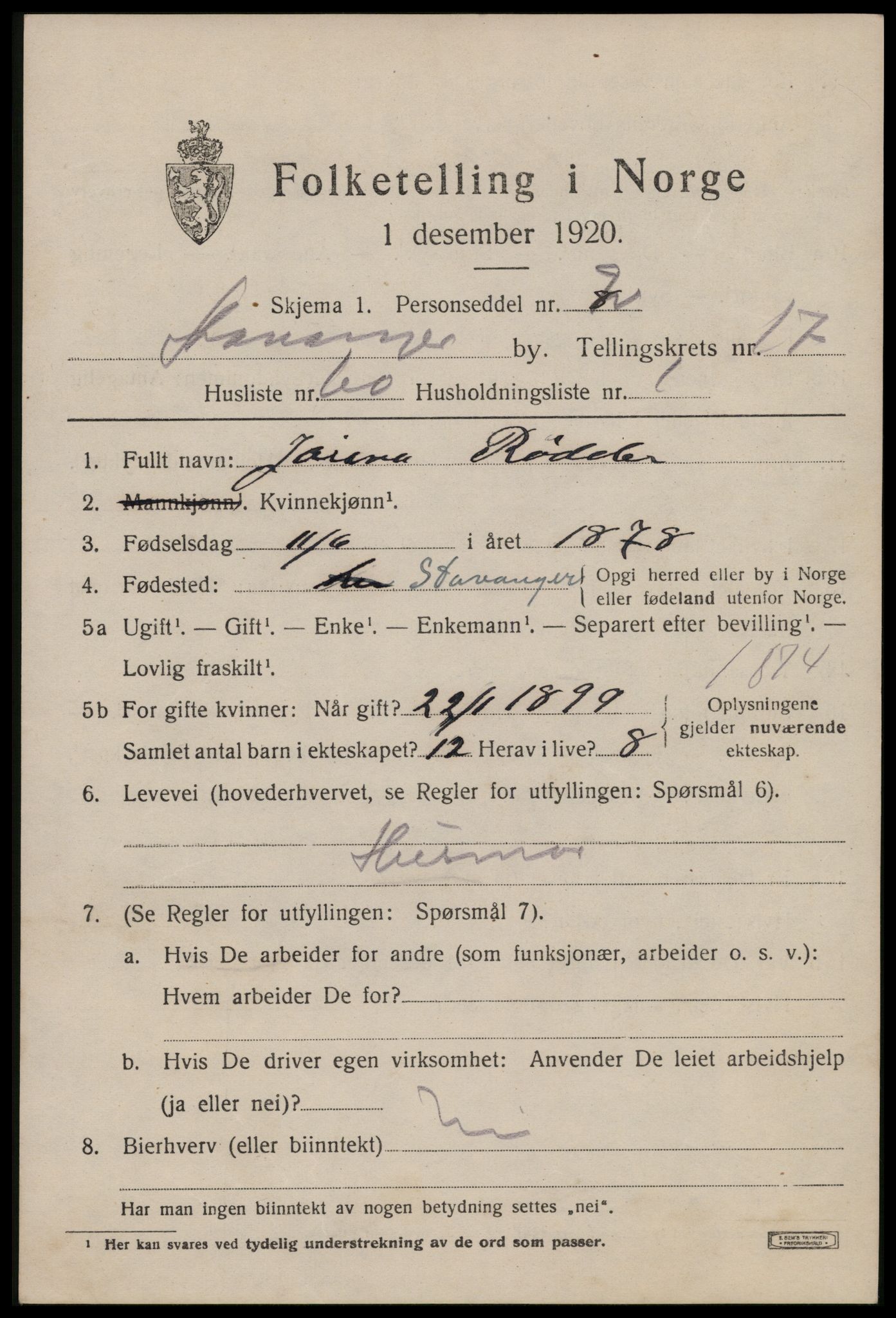 SAST, 1920 census for Stavanger, 1920, p. 66068