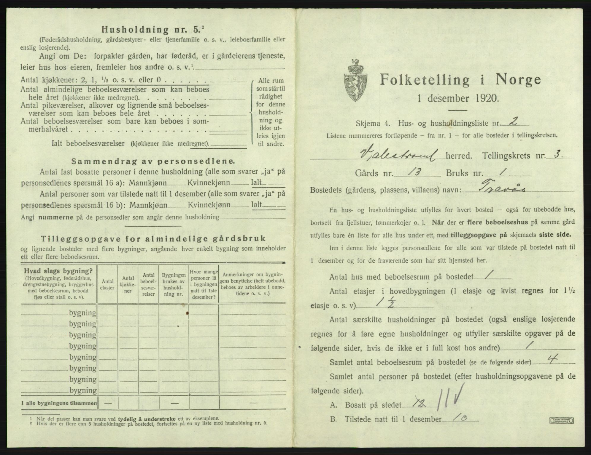 SAB, 1920 census for Valestrand, 1920, p. 168