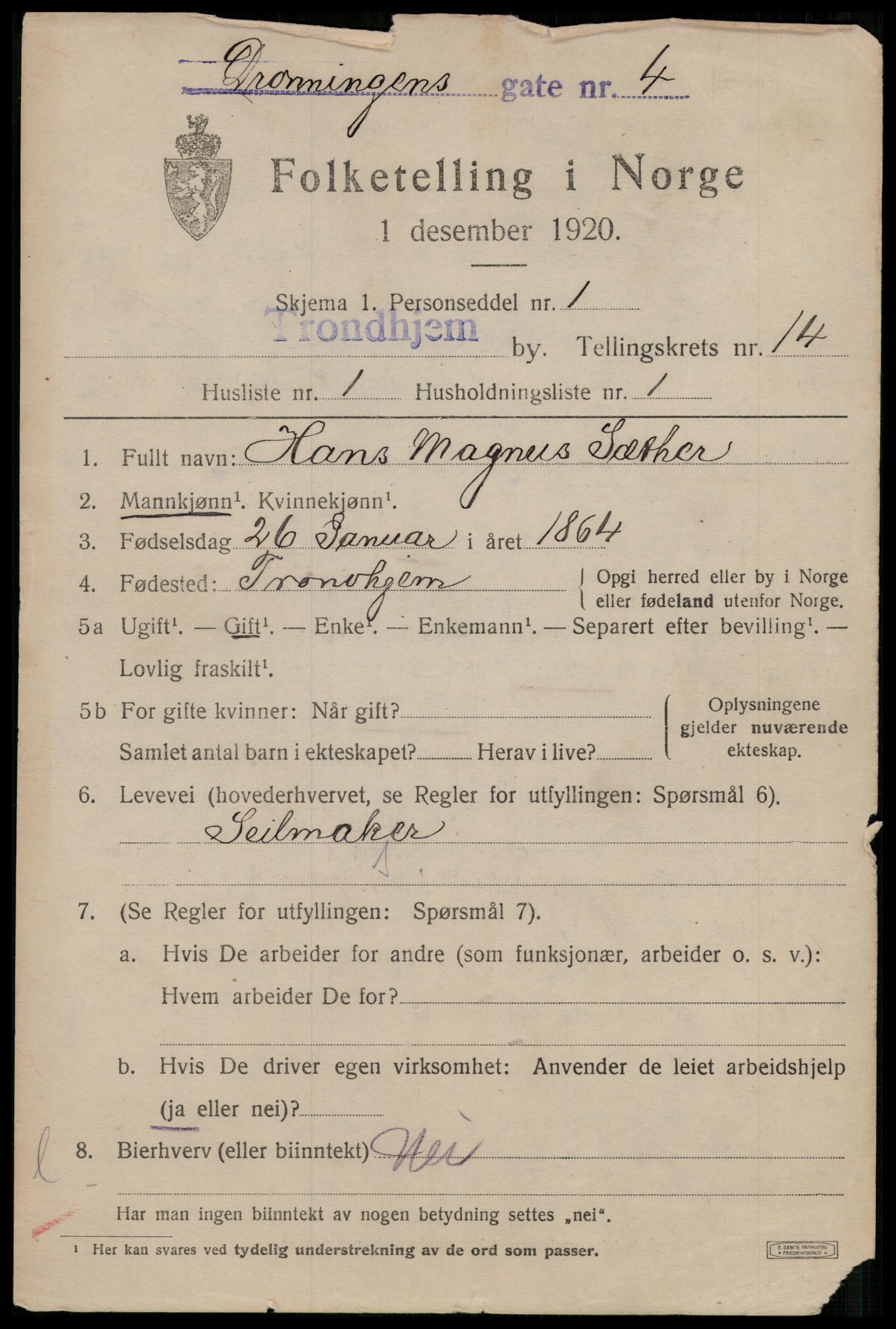 SAT, 1920 census for Trondheim, 1920, p. 51090