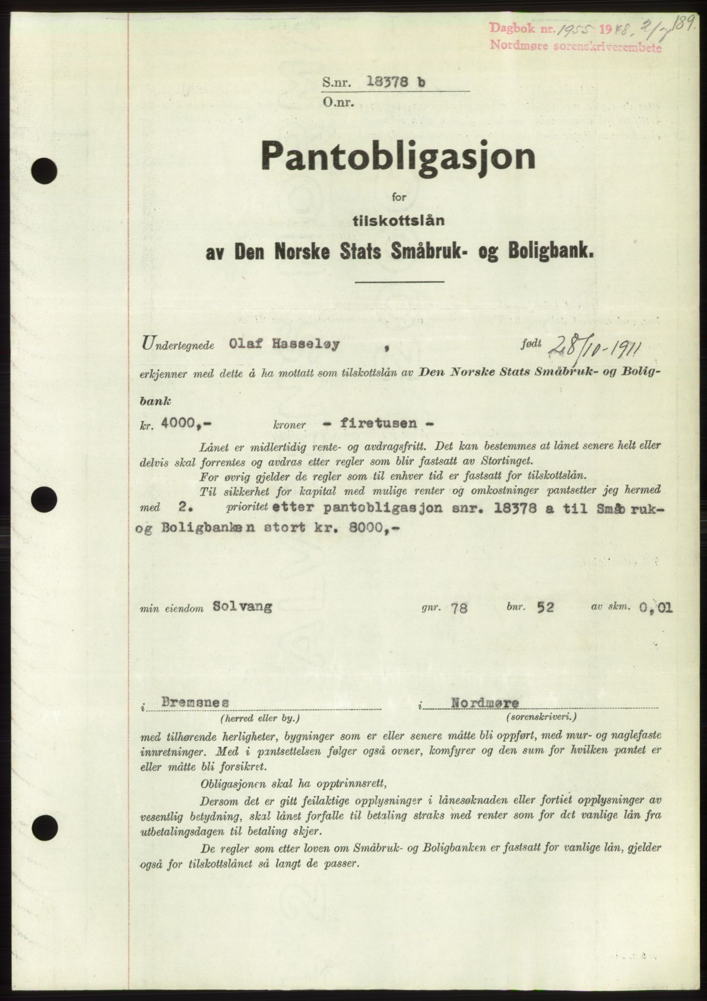 Nordmøre sorenskriveri, AV/SAT-A-4132/1/2/2Ca: Mortgage book no. B99, 1948-1948, Diary no: : 1955/1948