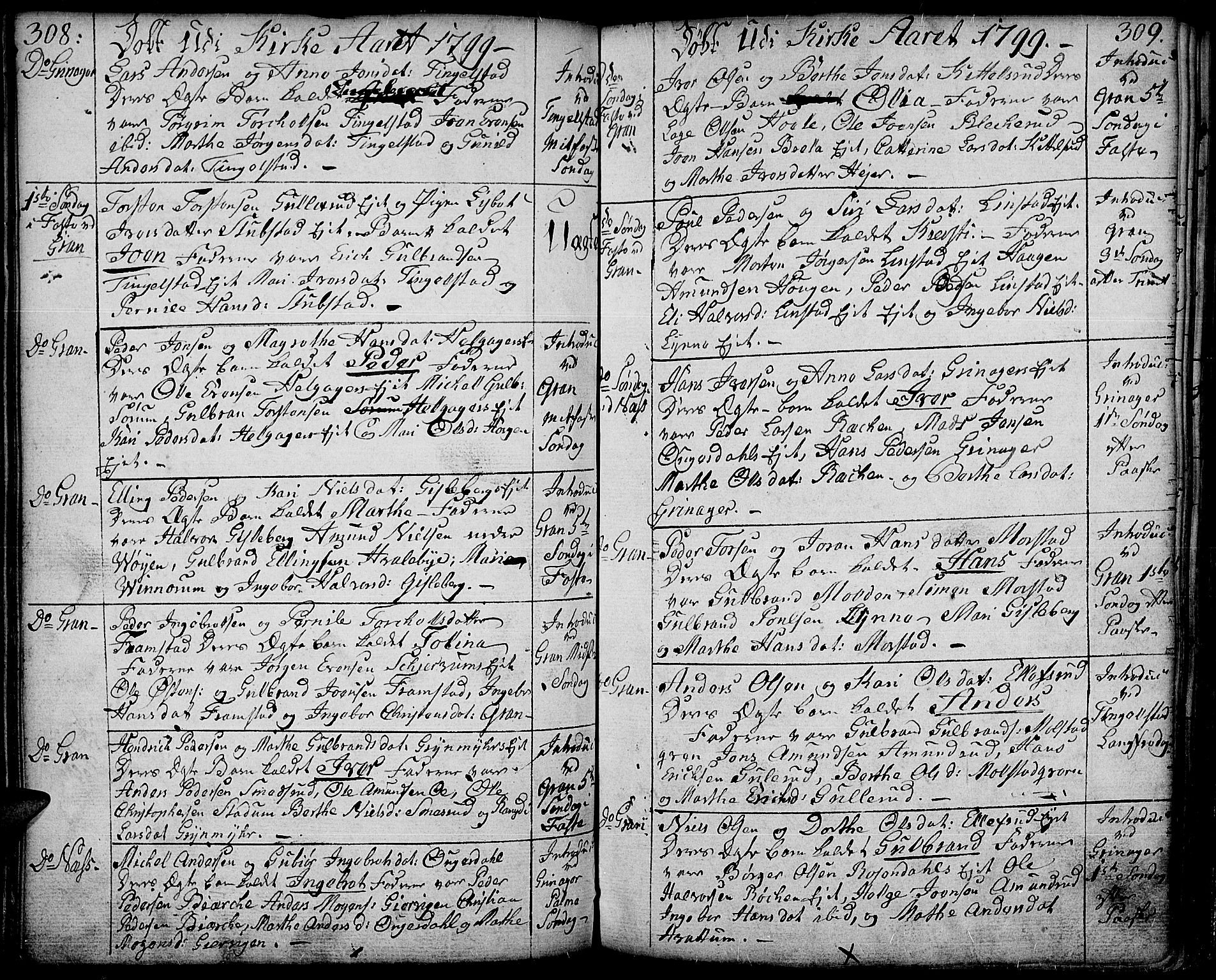 Gran prestekontor, SAH/PREST-112/H/Ha/Haa/L0006: Parish register (official) no. 6, 1787-1824, p. 308-309