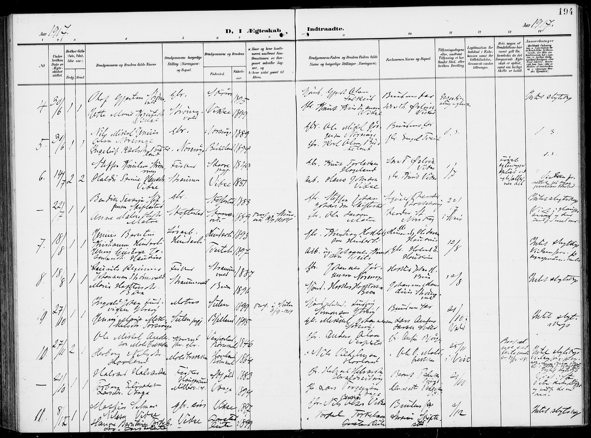 Sveio Sokneprestembete, SAB/A-78501/H/Haa: Parish register (official) no. B  4, 1906-1919, p. 194