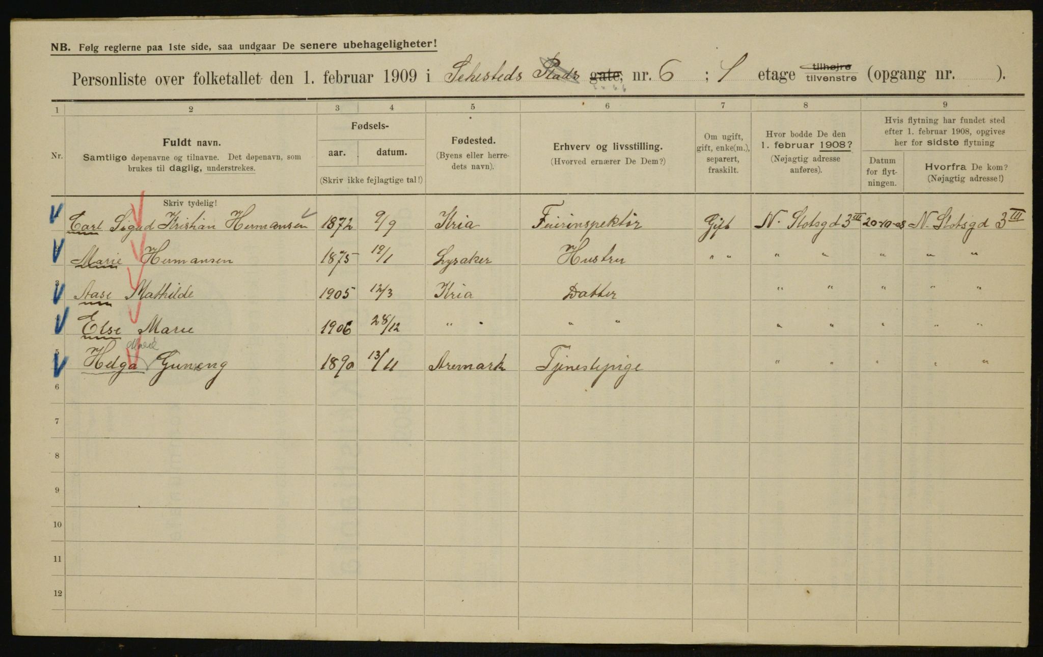 OBA, Municipal Census 1909 for Kristiania, 1909, p. 85165