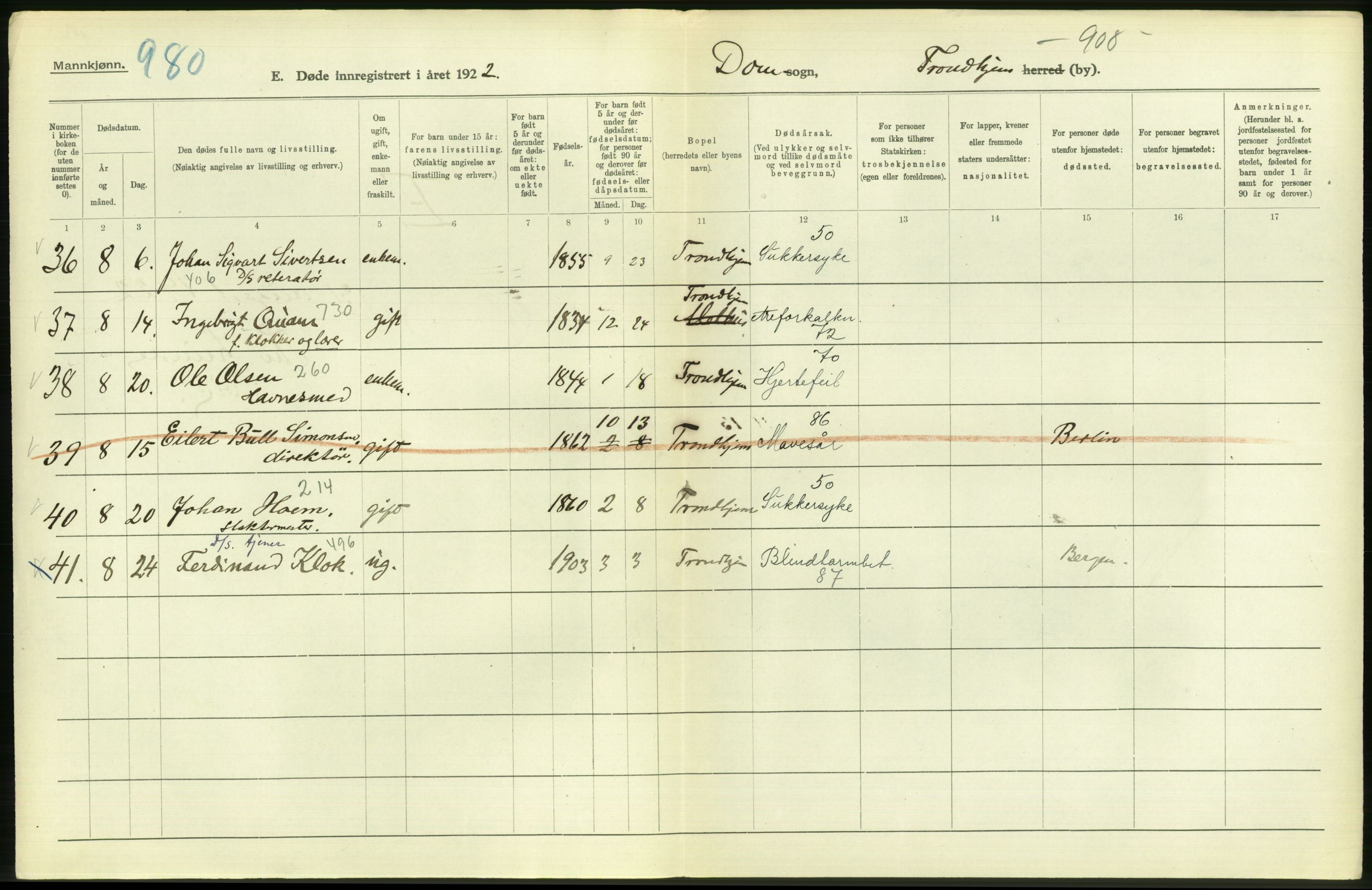 Statistisk sentralbyrå, Sosiodemografiske emner, Befolkning, AV/RA-S-2228/D/Df/Dfc/Dfcb/L0040: Trondheim: Gifte, døde, dødfødte., 1922, p. 360