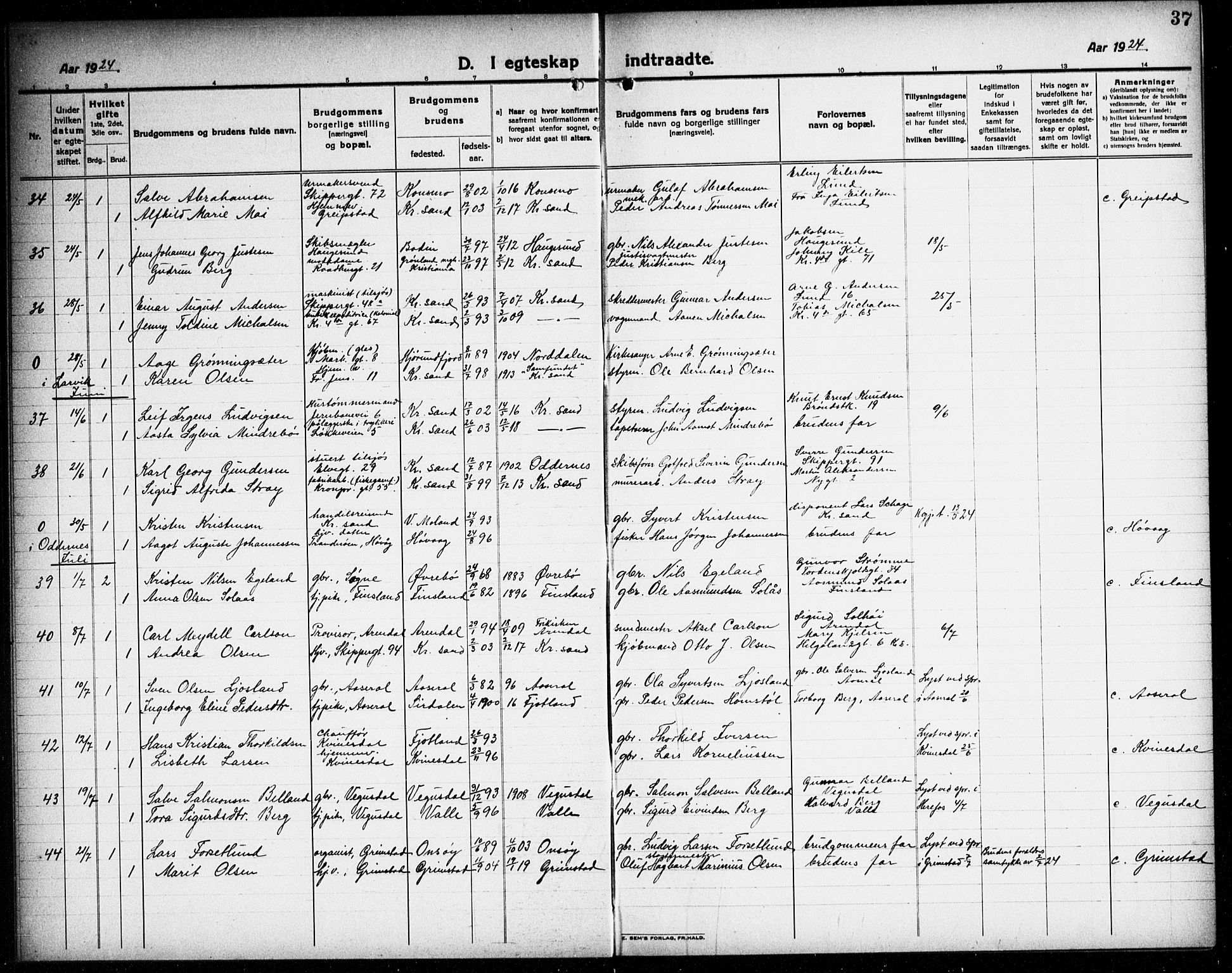 Kristiansand domprosti, AV/SAK-1112-0006/F/Fb/L0023: Parish register (copy) no. B 23, 1921-1937, p. 37