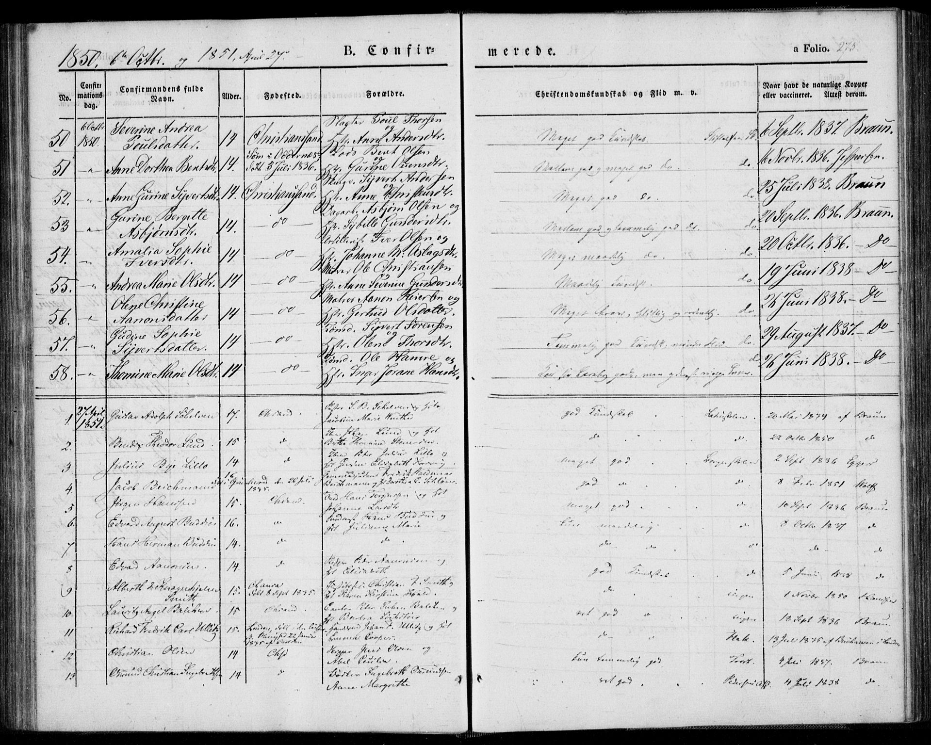 Kristiansand domprosti, SAK/1112-0006/F/Fa/L0013: Parish register (official) no. A 13, 1842-1851, p. 275