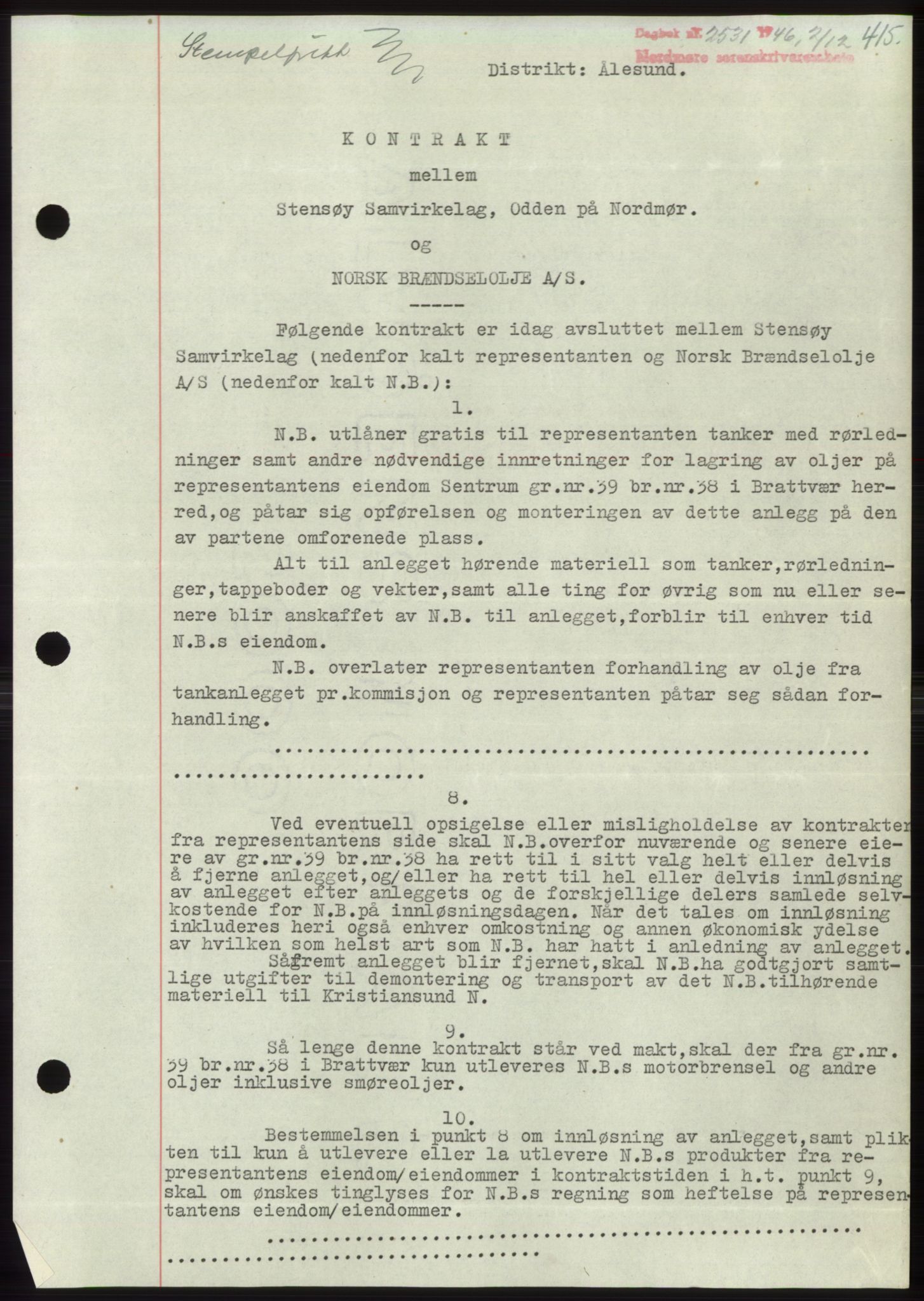 Nordmøre sorenskriveri, AV/SAT-A-4132/1/2/2Ca: Mortgage book no. B95, 1946-1947, Diary no: : 2531/1946