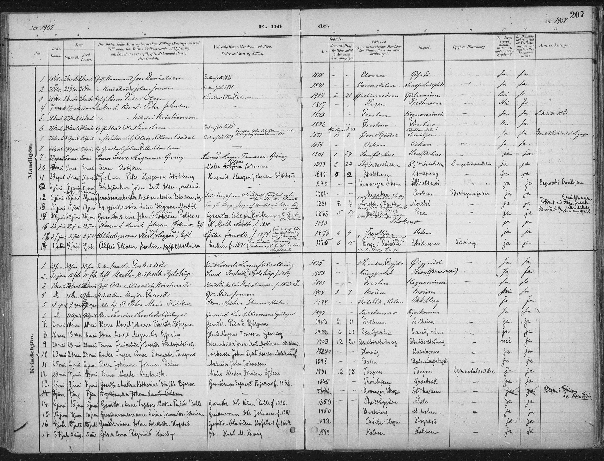 Ministerialprotokoller, klokkerbøker og fødselsregistre - Nord-Trøndelag, SAT/A-1458/709/L0082: Parish register (official) no. 709A22, 1896-1916, p. 207