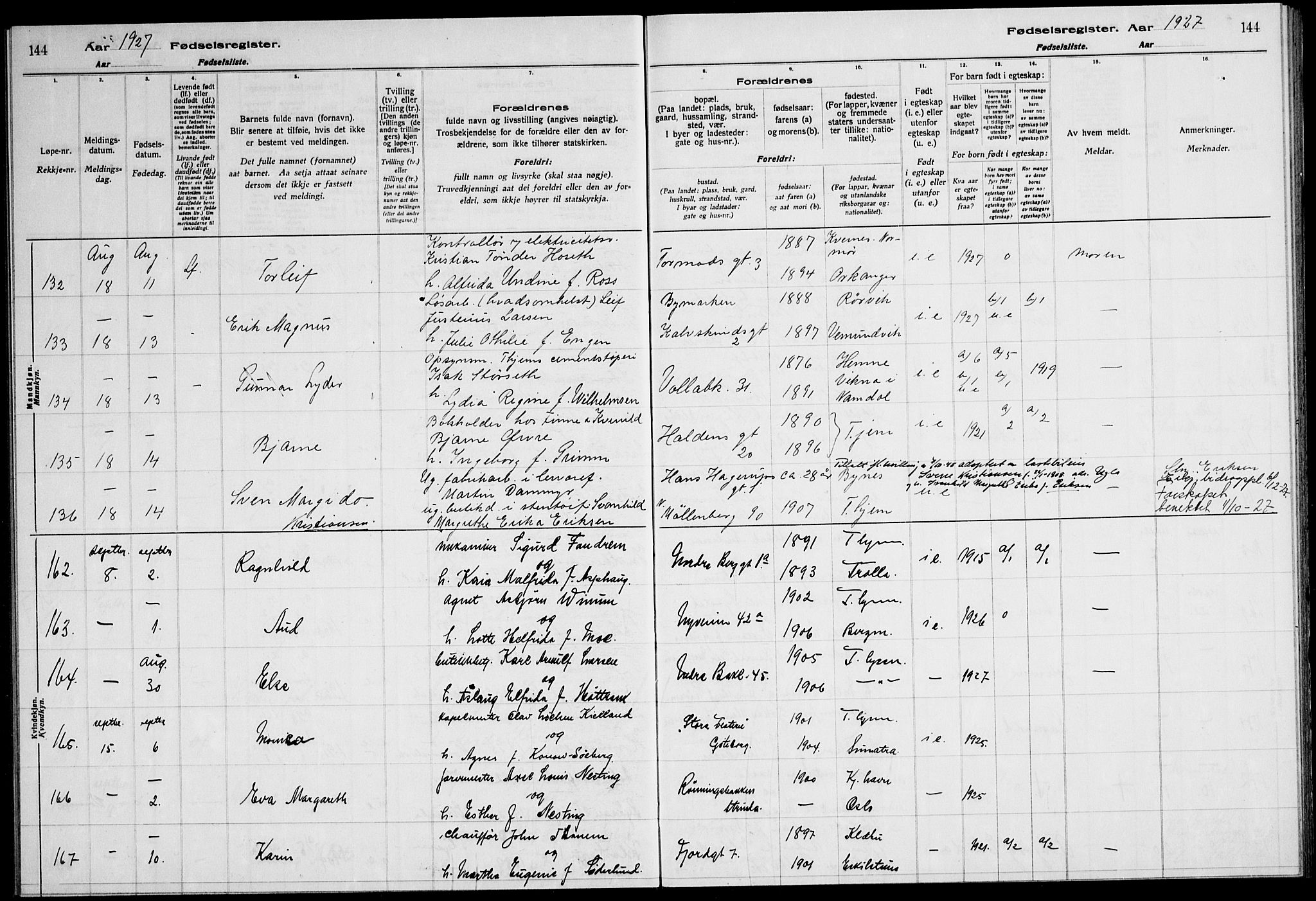 Ministerialprotokoller, klokkerbøker og fødselsregistre - Sør-Trøndelag, SAT/A-1456/600/L0004: Birth register no. 600.II.4.3, 1924-1928, p. 144