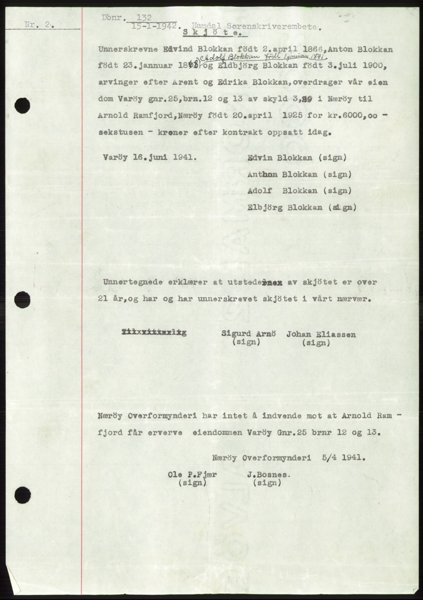 Namdal sorenskriveri, SAT/A-4133/1/2/2C: Mortgage book no. -, 1941-1942, Diary no: : 132/1942