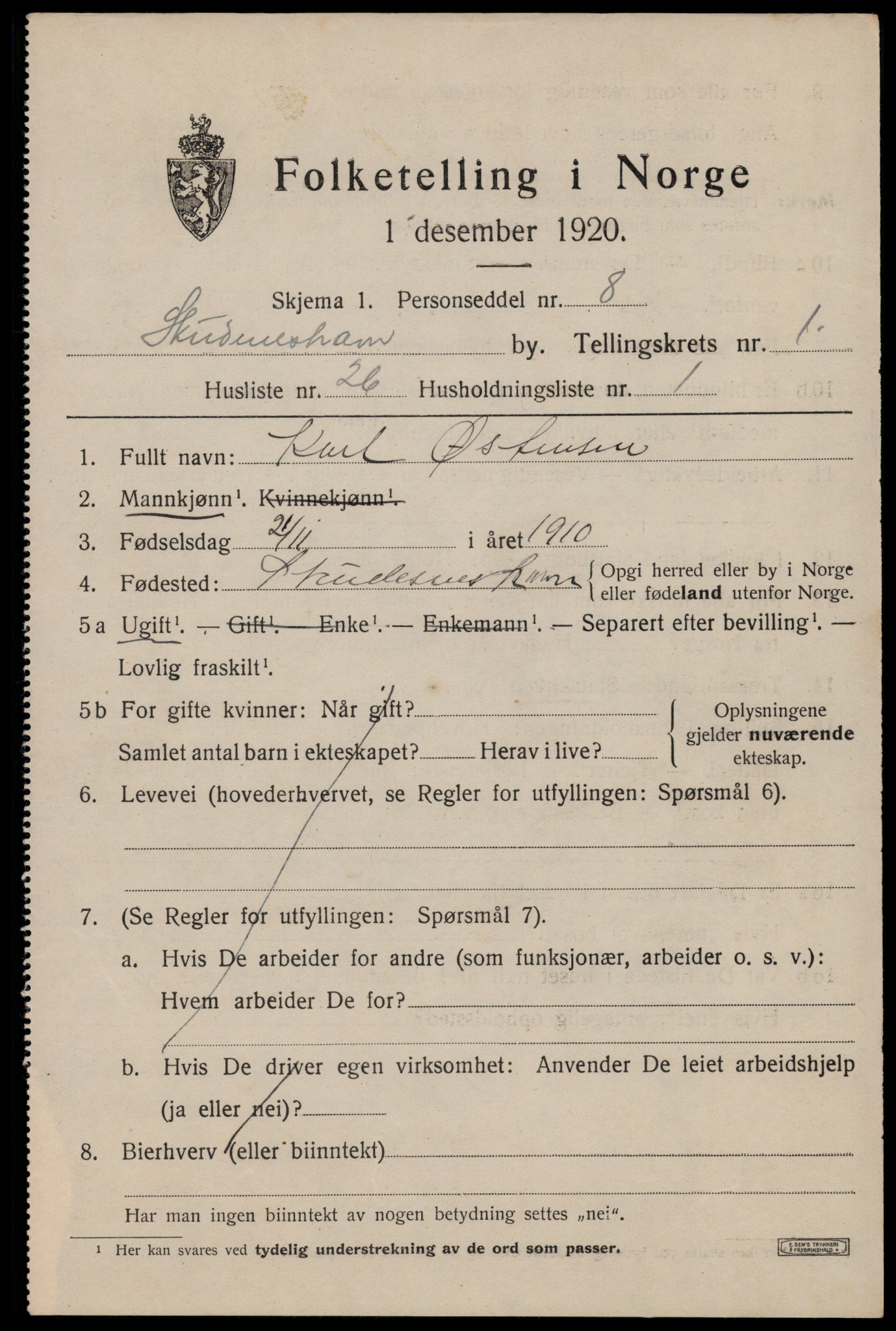 SAST, 1920 census for Skudeneshavn, 1920, p. 1392