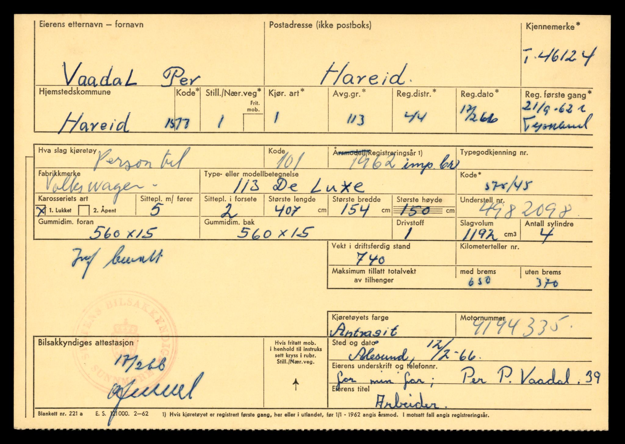 Møre og Romsdal vegkontor - Ålesund trafikkstasjon, AV/SAT-A-4099/F/Fe/L0089: Registreringskort for kjøretøy T 46124 - T 47095, 1927-1998, p. 3