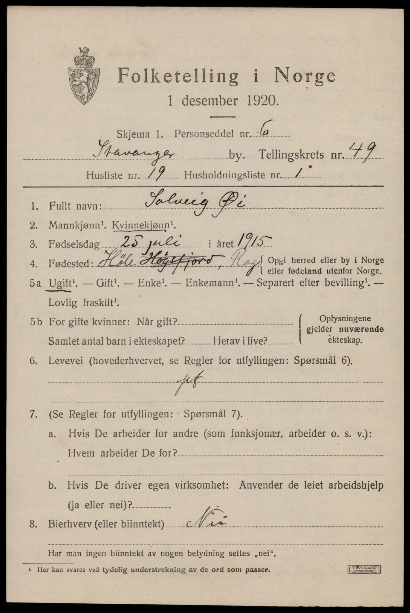 SAST, 1920 census for Stavanger, 1920, p. 118696