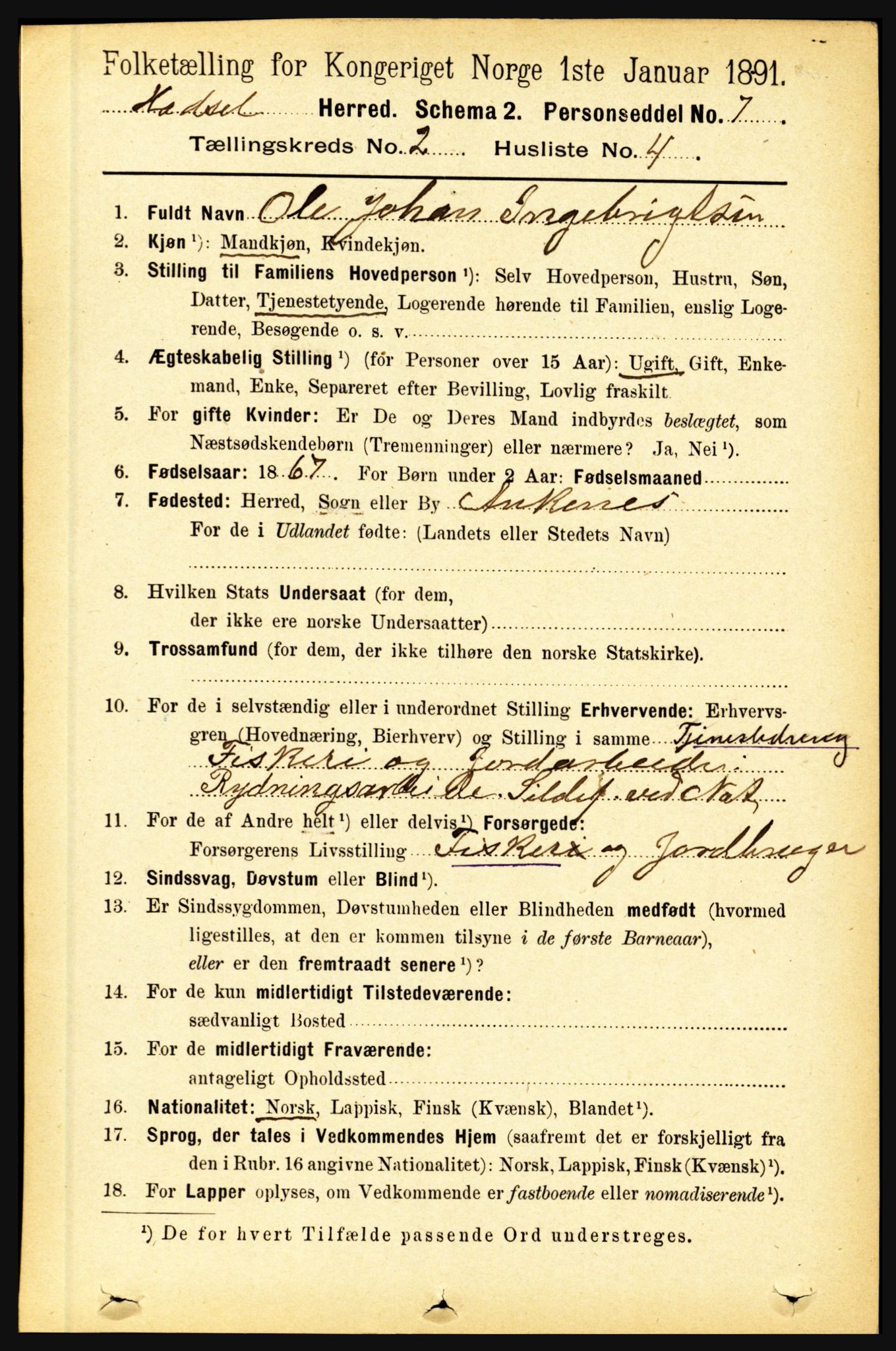 RA, 1891 census for 1866 Hadsel, 1891, p. 687