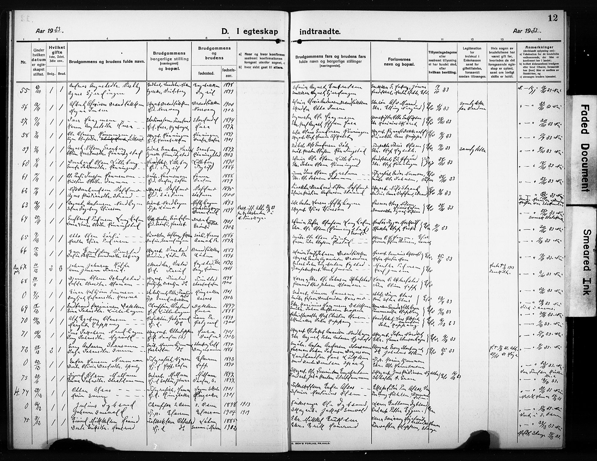 Elverum prestekontor, SAH/PREST-044/H/Ha/Hab/L0014: Parish register (copy) no. 14, 1922-1933, p. 12