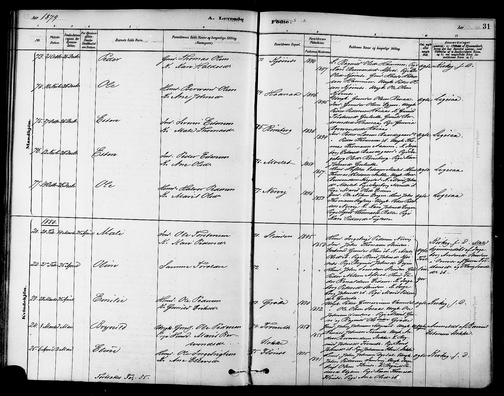 Ministerialprotokoller, klokkerbøker og fødselsregistre - Sør-Trøndelag, AV/SAT-A-1456/695/L1148: Parish register (official) no. 695A08, 1878-1891, p. 31