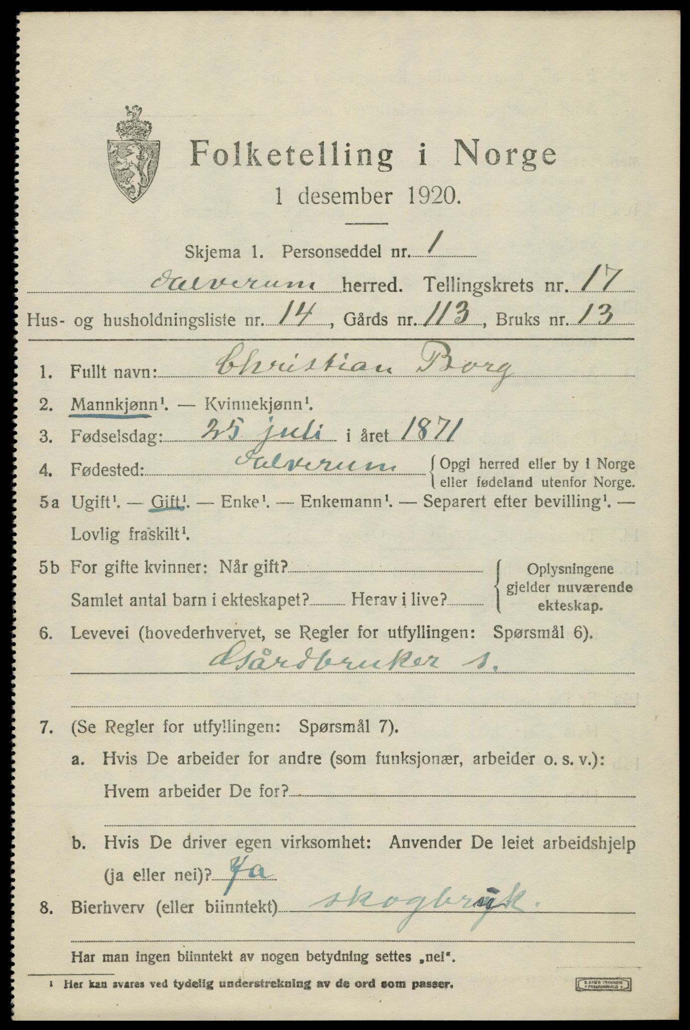 SAH, 1920 census for Elverum, 1920, p. 21432