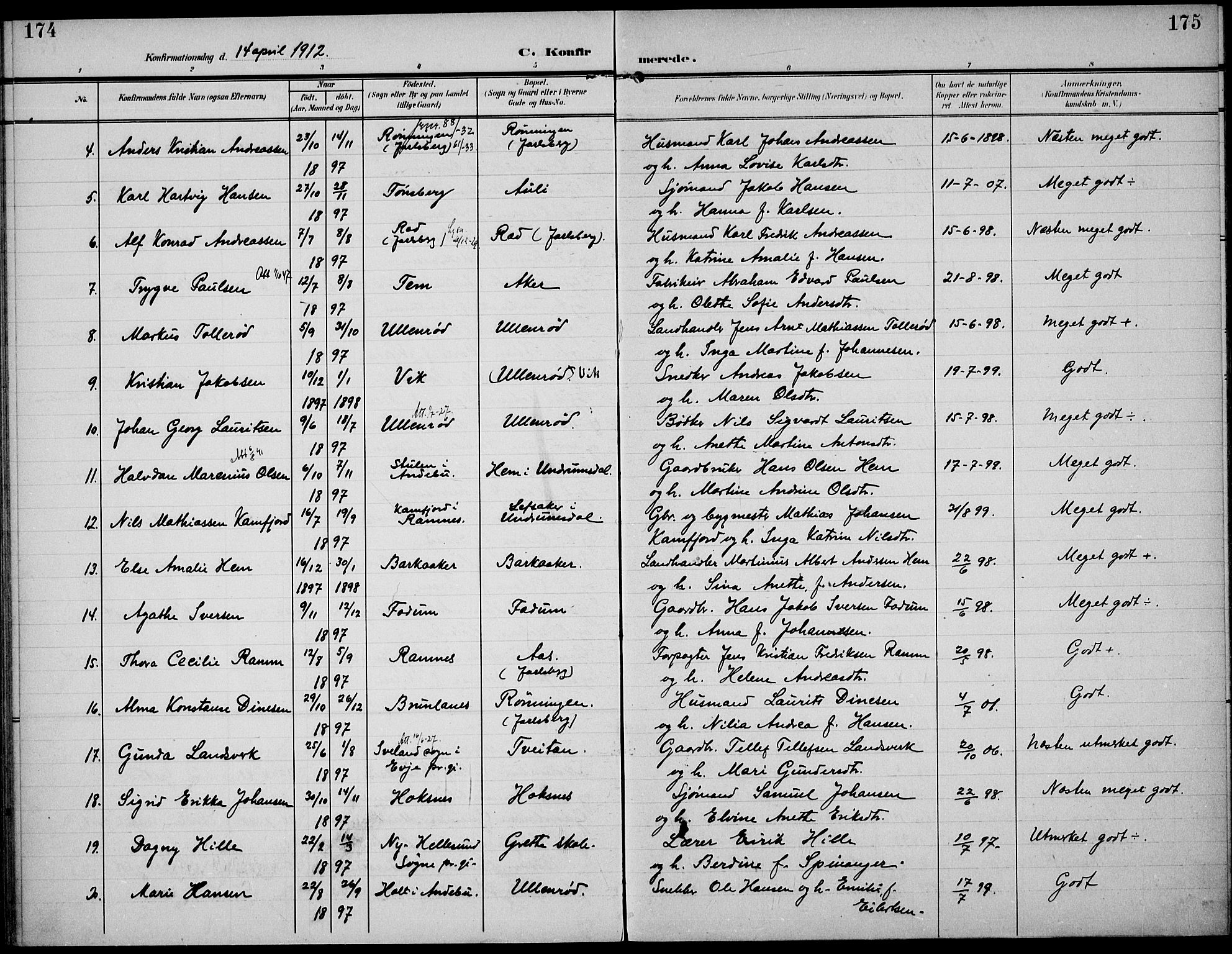 Sem kirkebøker, AV/SAKO-A-5/F/Fa/L0012: Parish register (official) no. I 12, 1905-1915, p. 174-175