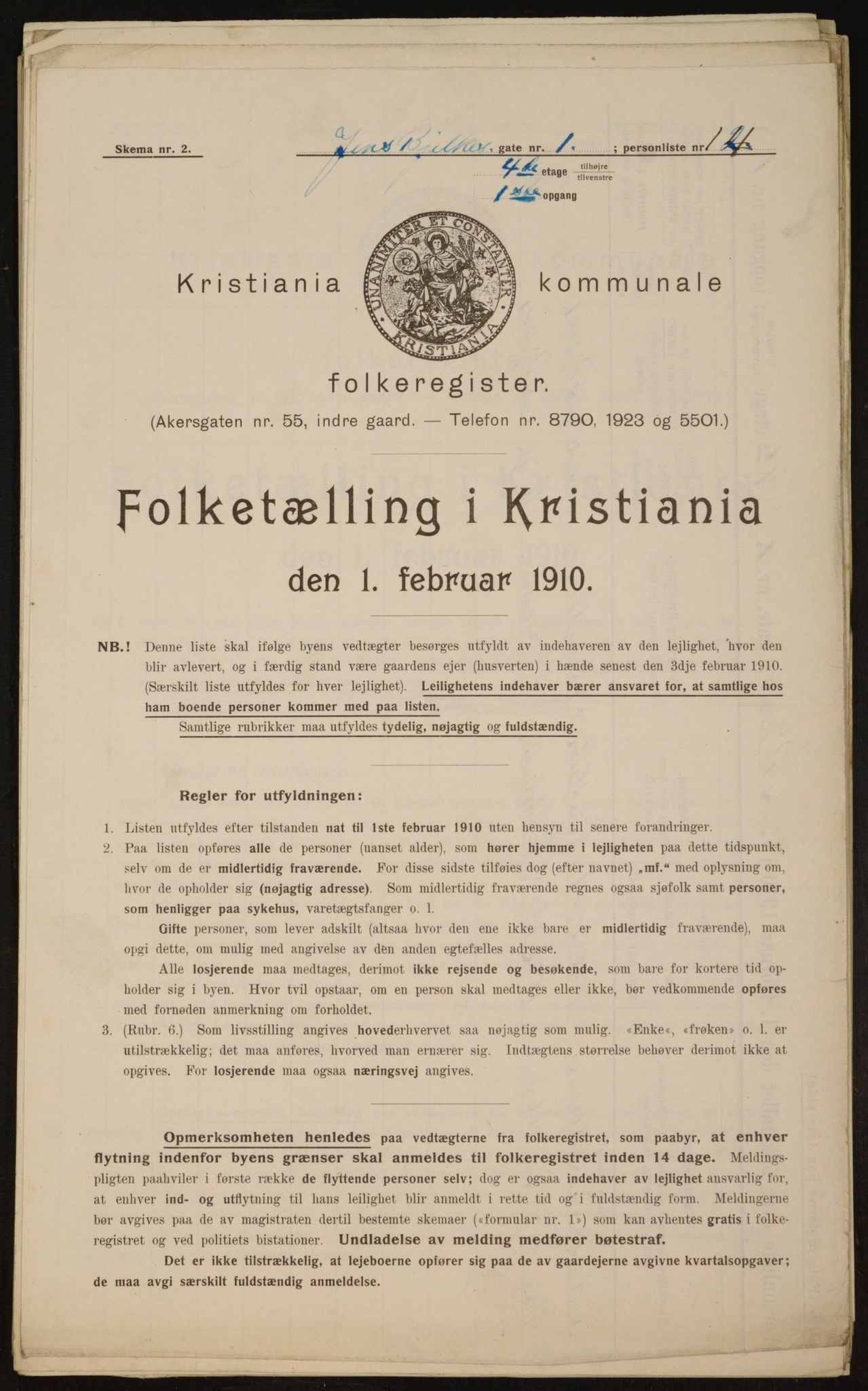 OBA, Municipal Census 1910 for Kristiania, 1910, p. 44164