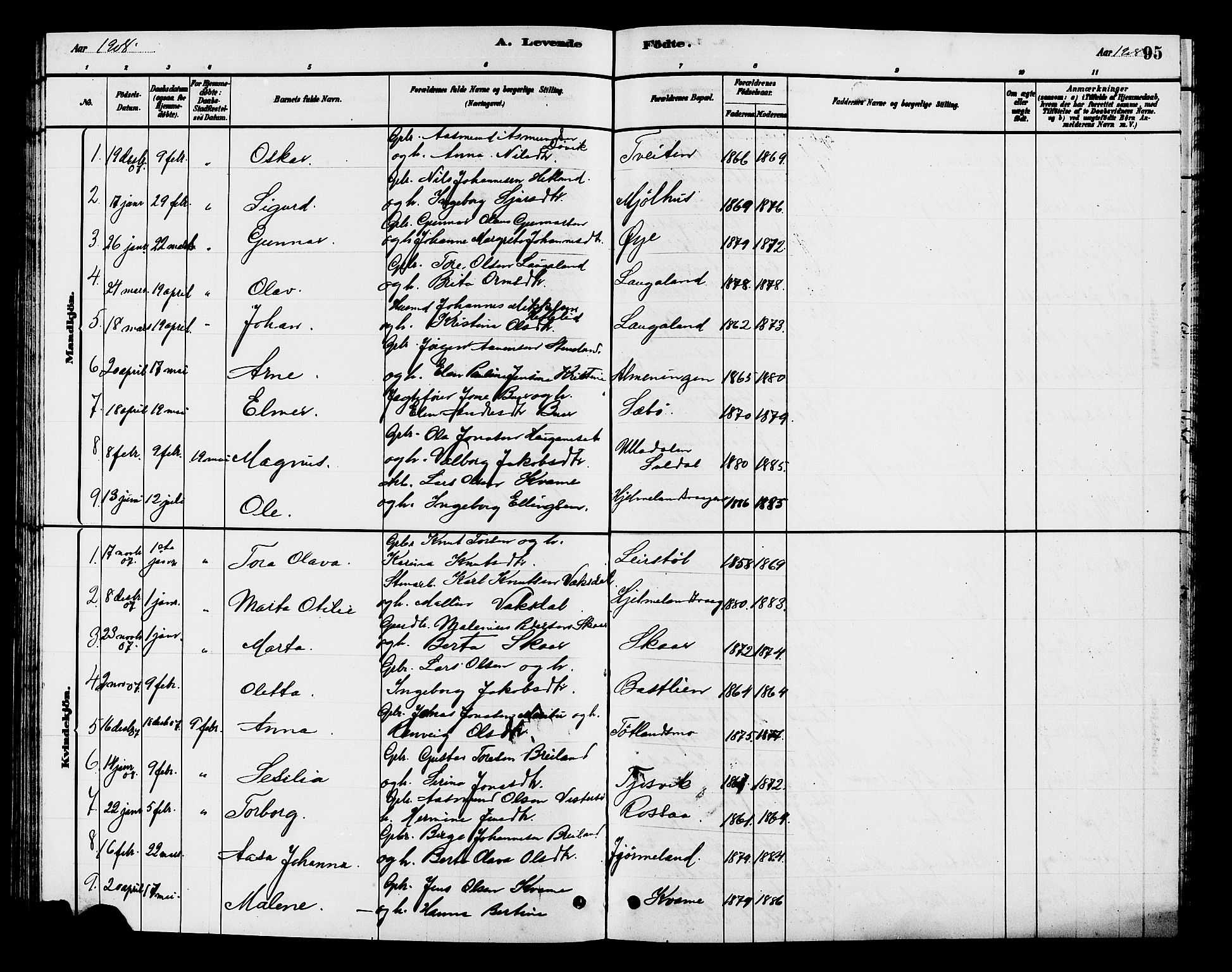 Hjelmeland sokneprestkontor, AV/SAST-A-101843/01/V/L0007: Parish register (copy) no. B 7, 1880-1909, p. 95