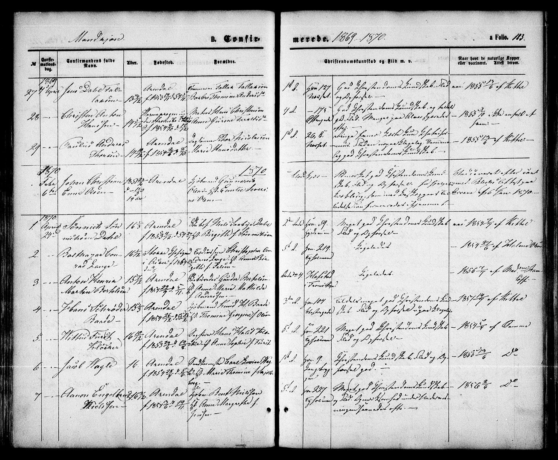 Arendal sokneprestkontor, Trefoldighet, SAK/1111-0040/F/Fa/L0007: Parish register (official) no. A 7, 1868-1878, p. 183