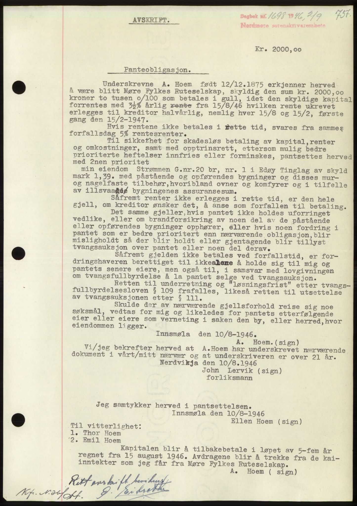 Nordmøre sorenskriveri, AV/SAT-A-4132/1/2/2Ca: Mortgage book no. B94, 1946-1946, Diary no: : 1698/1946