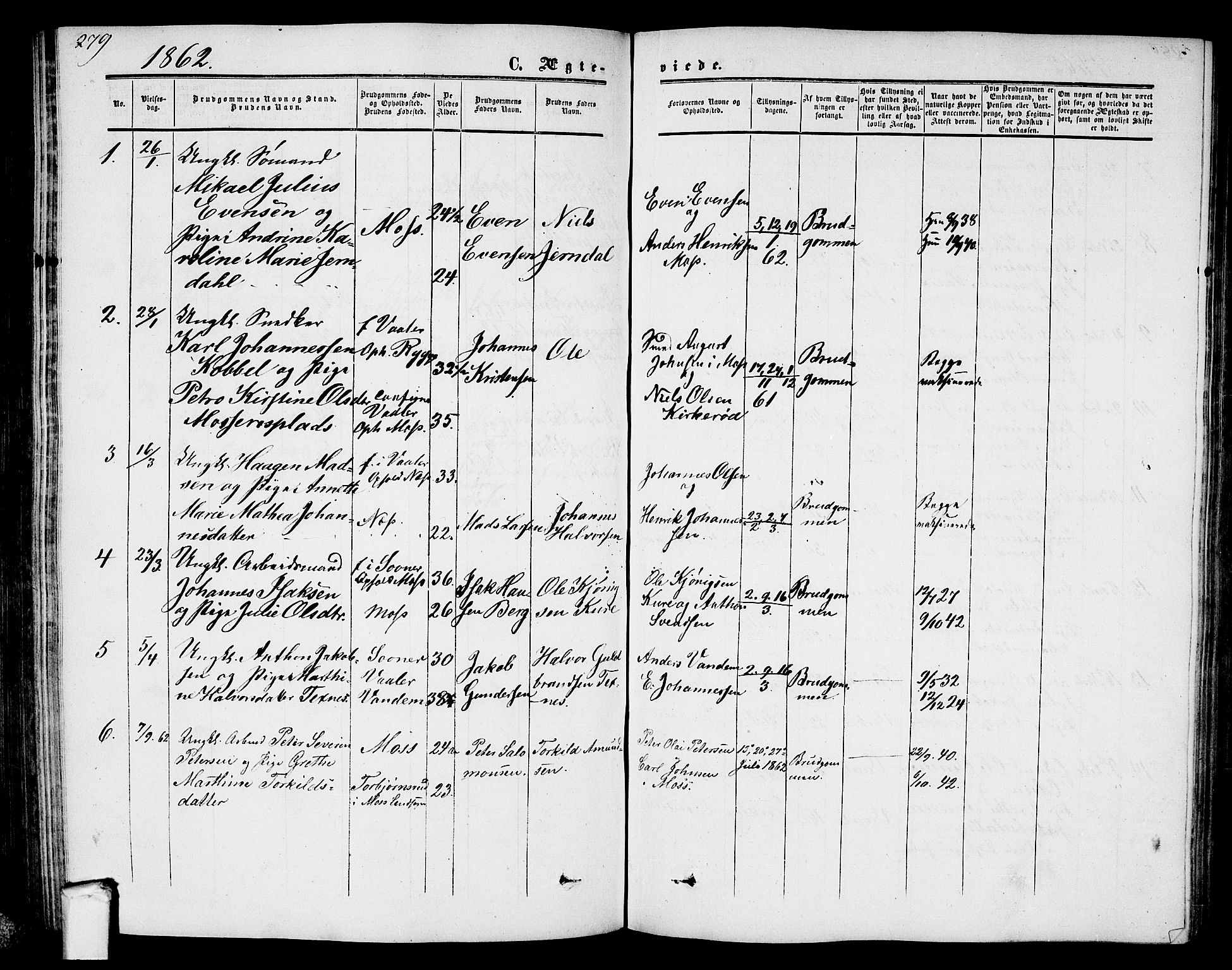 Moss prestekontor Kirkebøker, AV/SAO-A-2003/G/Ga/L0002: Parish register (copy) no. I 2, 1852-1871, p. 279