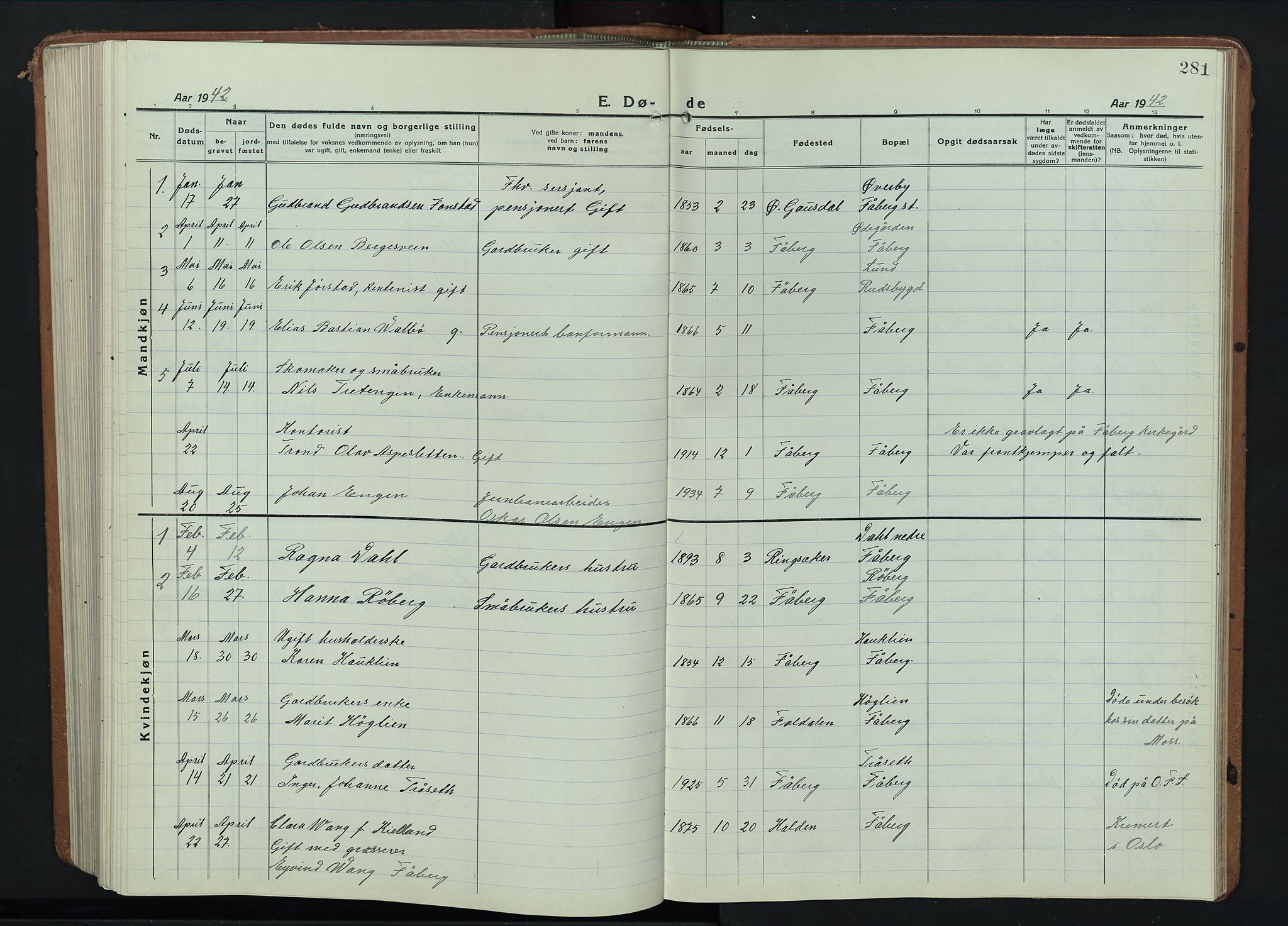 Fåberg prestekontor, SAH/PREST-086/H/Ha/Hab/L0014: Parish register (copy) no. 14, 1922-1946, p. 281