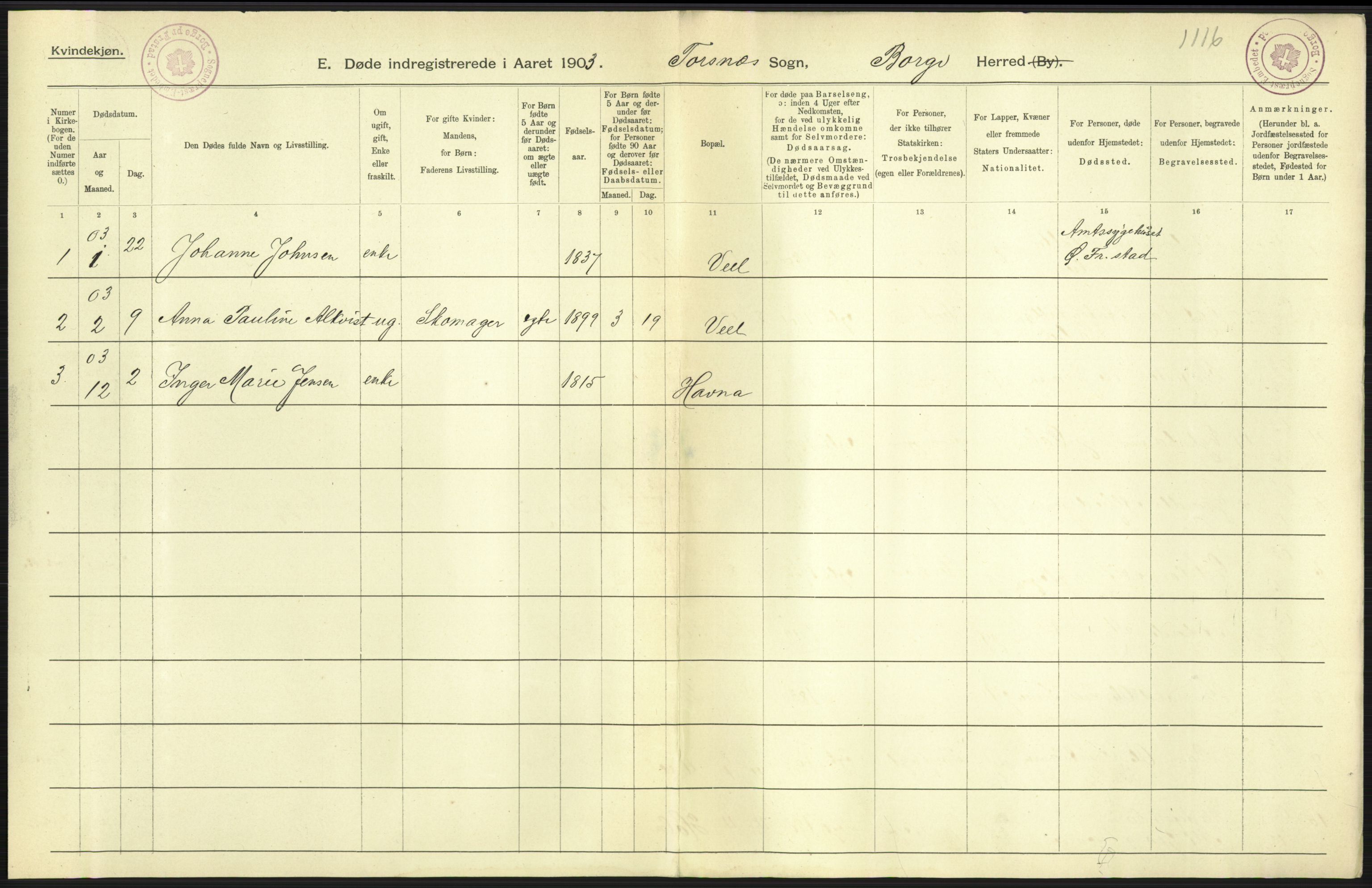 Statistisk sentralbyrå, Sosiodemografiske emner, Befolkning, AV/RA-S-2228/D/Df/Dfa/Dfaa/L0001: Smålenenes amt: Fødte, gifte, døde, 1903, p. 651