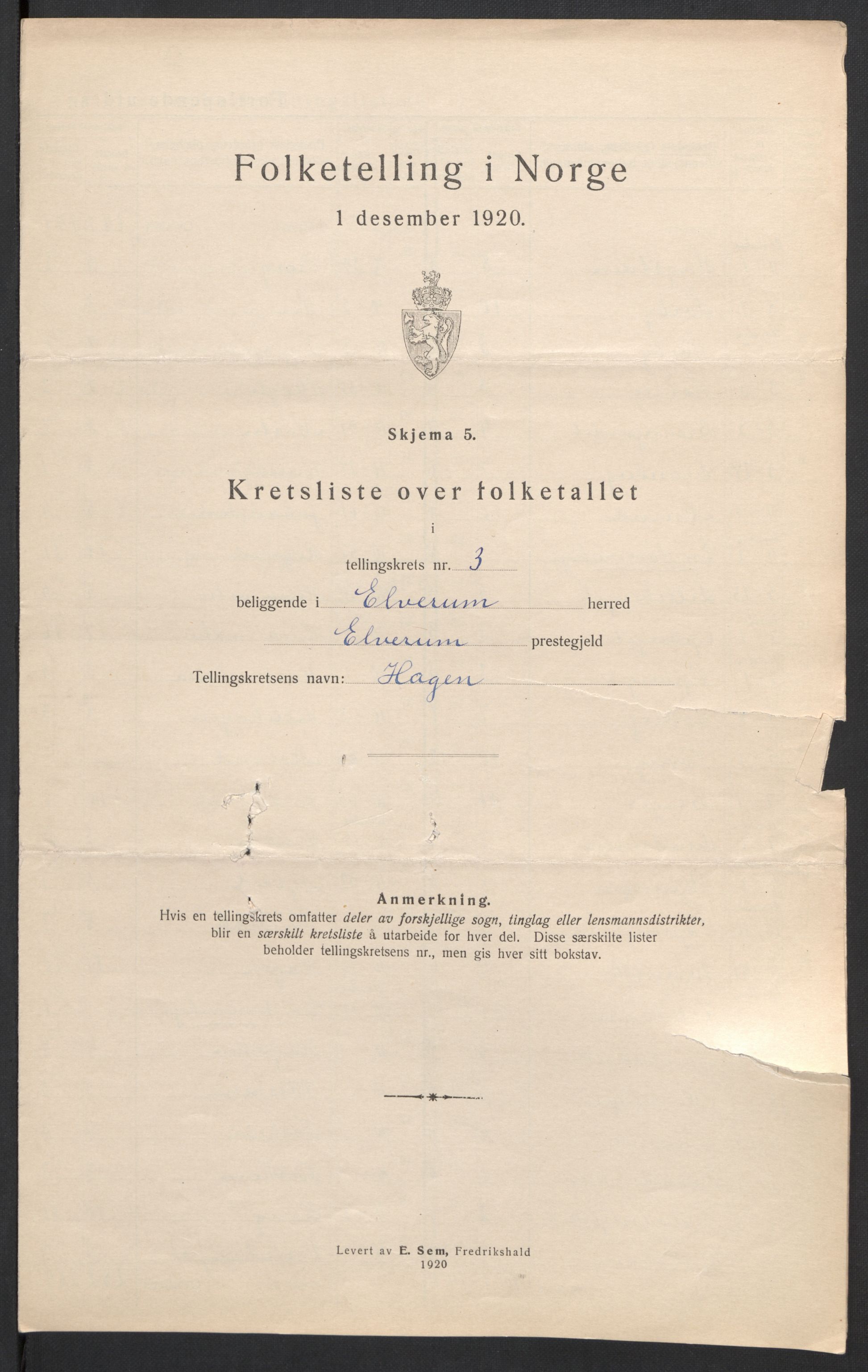 SAH, 1920 census for Elverum, 1920, p. 16