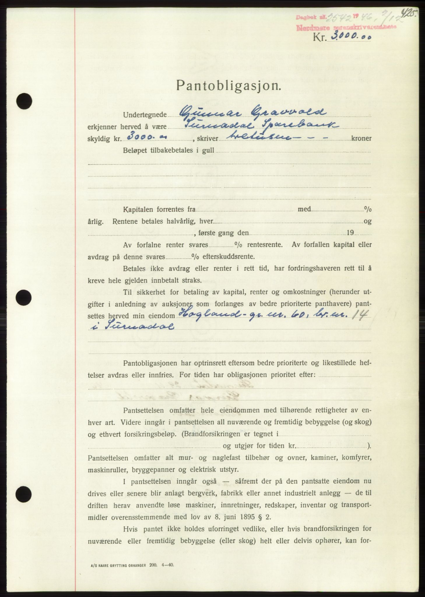 Nordmøre sorenskriveri, AV/SAT-A-4132/1/2/2Ca: Mortgage book no. B95, 1946-1947, Diary no: : 2542/1946