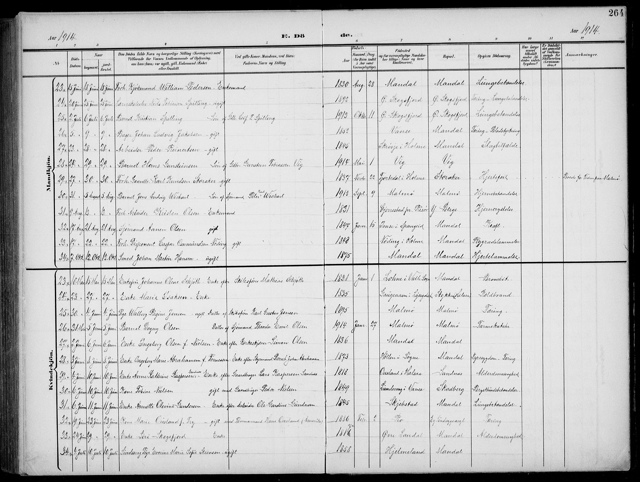 Mandal sokneprestkontor, AV/SAK-1111-0030/F/Fb/Fba/L0012: Parish register (copy) no. B 6, 1899-1918, p. 264