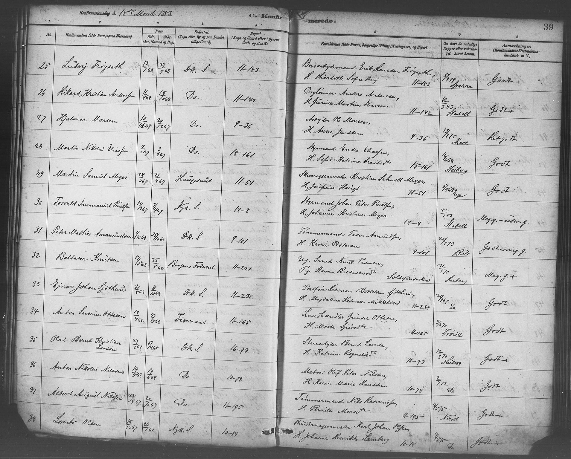 Domkirken sokneprestembete, AV/SAB-A-74801/H/Haa/L0030: Parish register (official) no. C 5, 1880-1898, p. 39