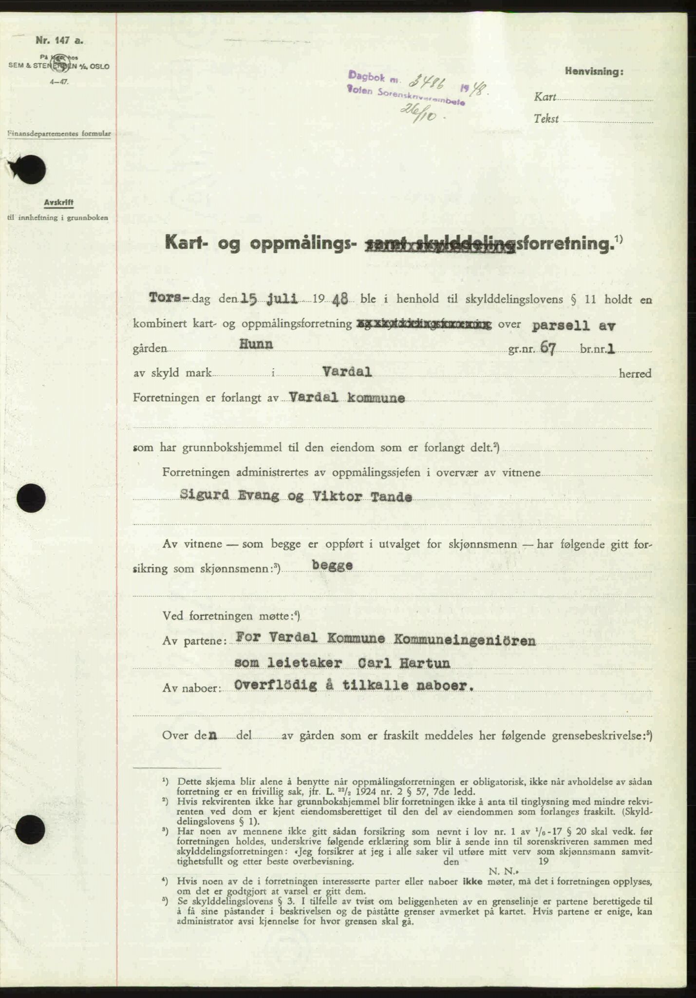 Toten tingrett, SAH/TING-006/H/Hb/Hbc/L0020: Mortgage book no. Hbc-20, 1948-1948, Diary no: : 3486/1948