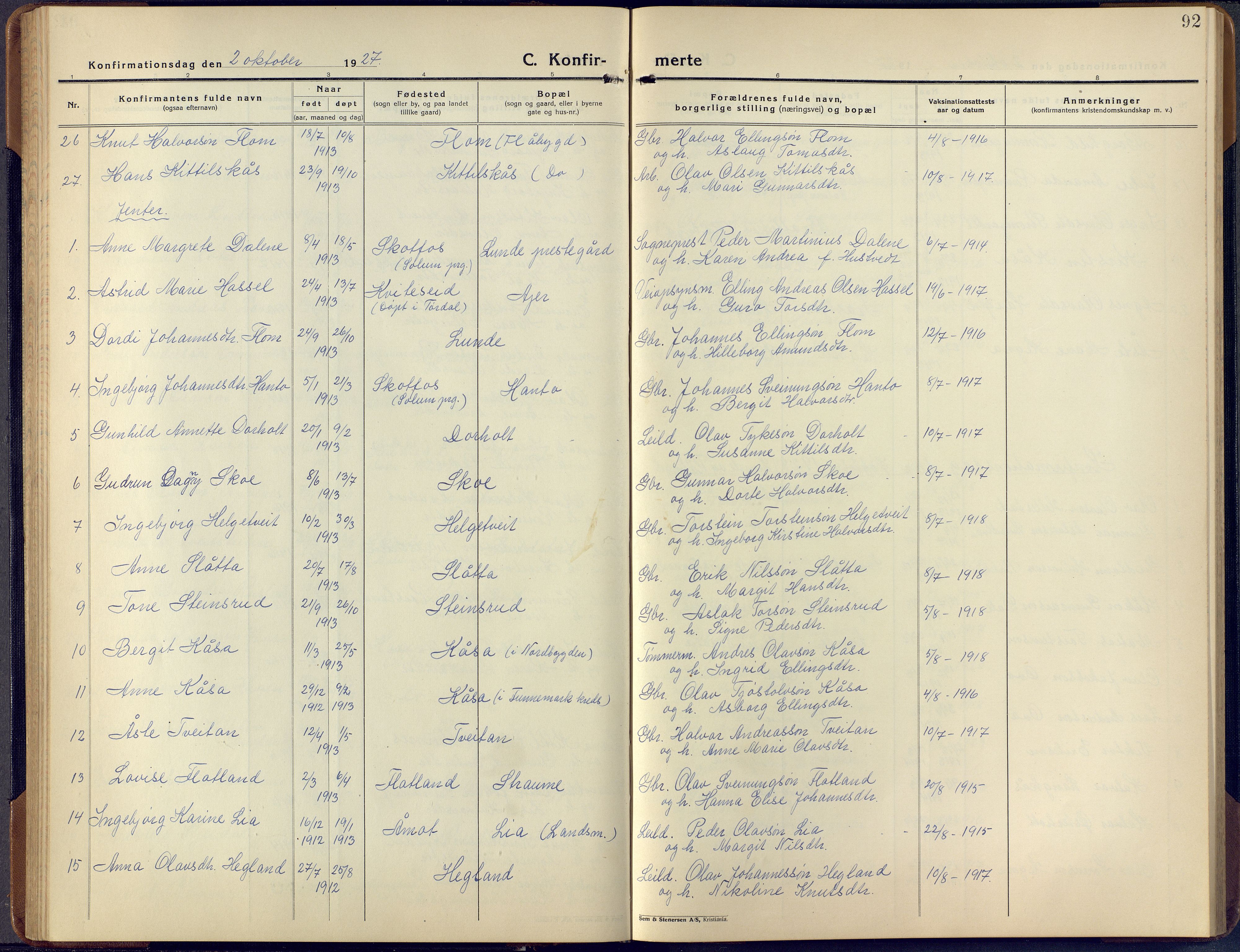 Lunde kirkebøker, AV/SAKO-A-282/F/Fa/L0006: Parish register (official) no. I 6, 1922-1940, p. 92