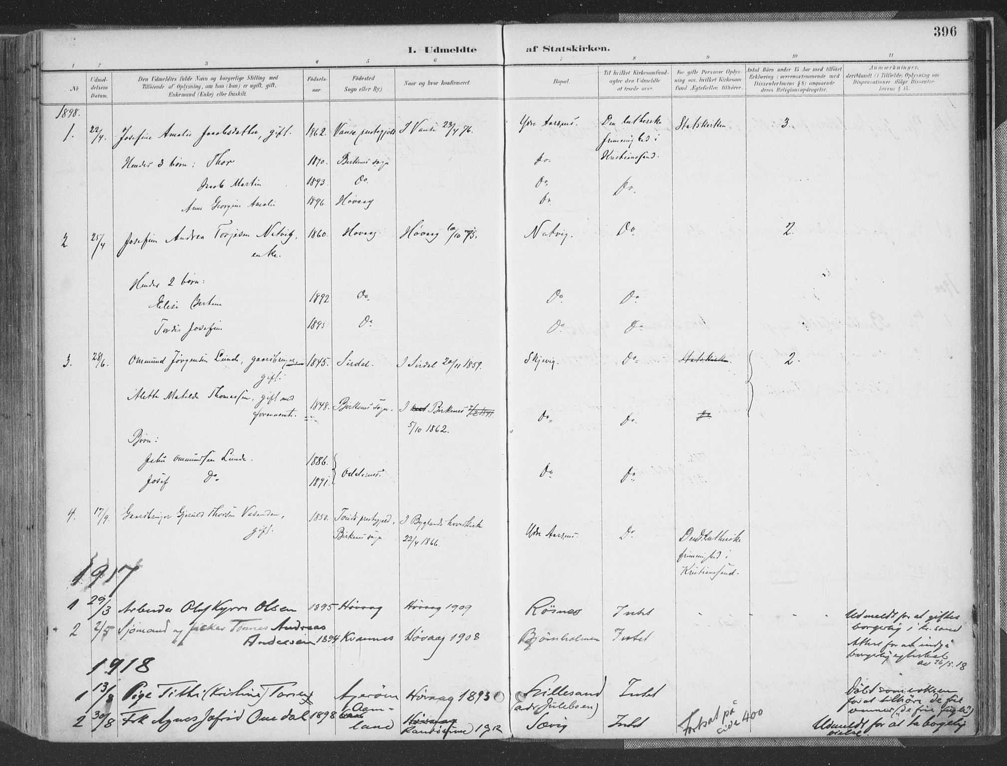 Høvåg sokneprestkontor, AV/SAK-1111-0025/F/Fa/L0006: Parish register (official) no. A 6, 1894-1923, p. 396