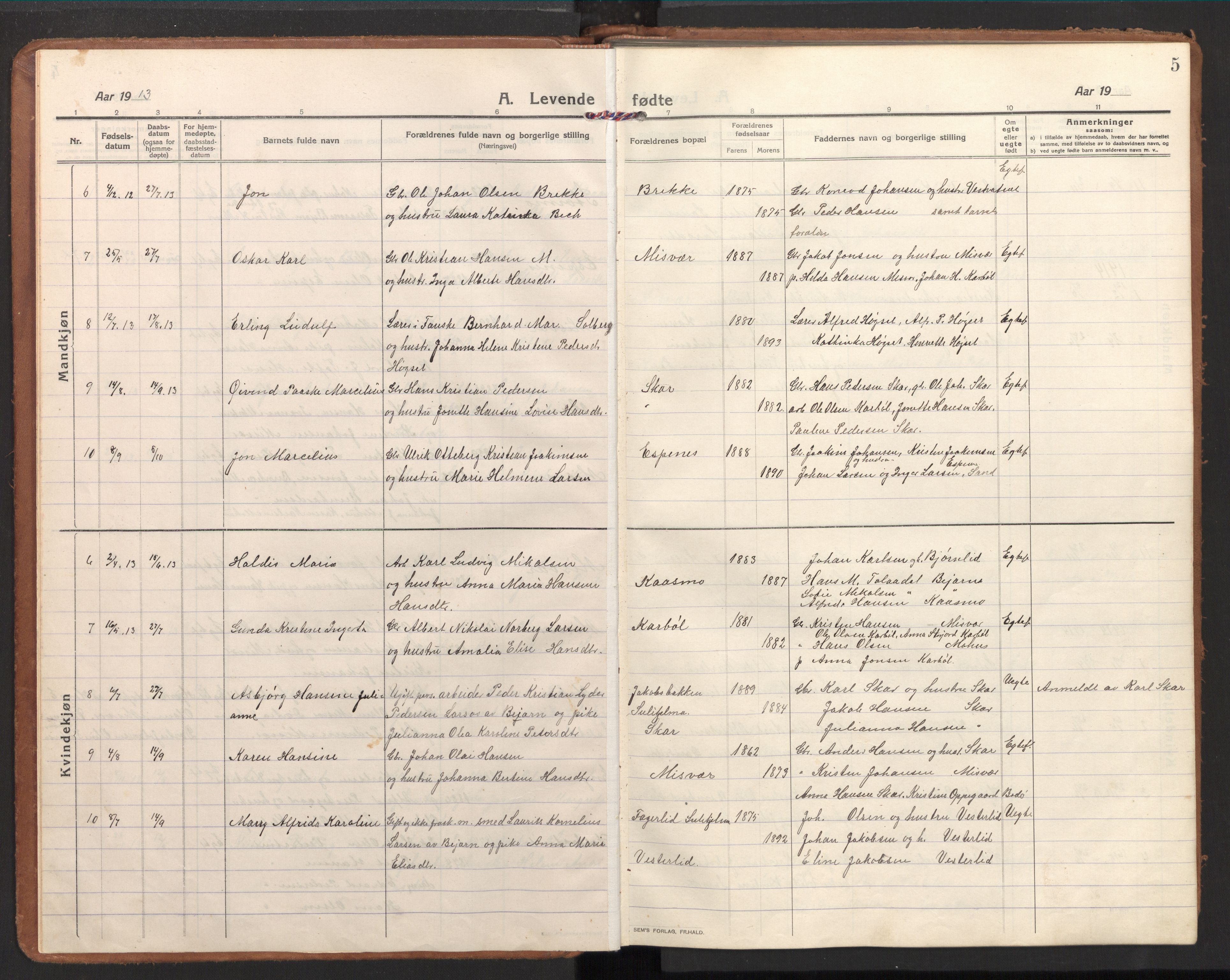 Ministerialprotokoller, klokkerbøker og fødselsregistre - Nordland, AV/SAT-A-1459/848/L0688: Parish register (official) no. 848A01, 1913-1935, p. 5