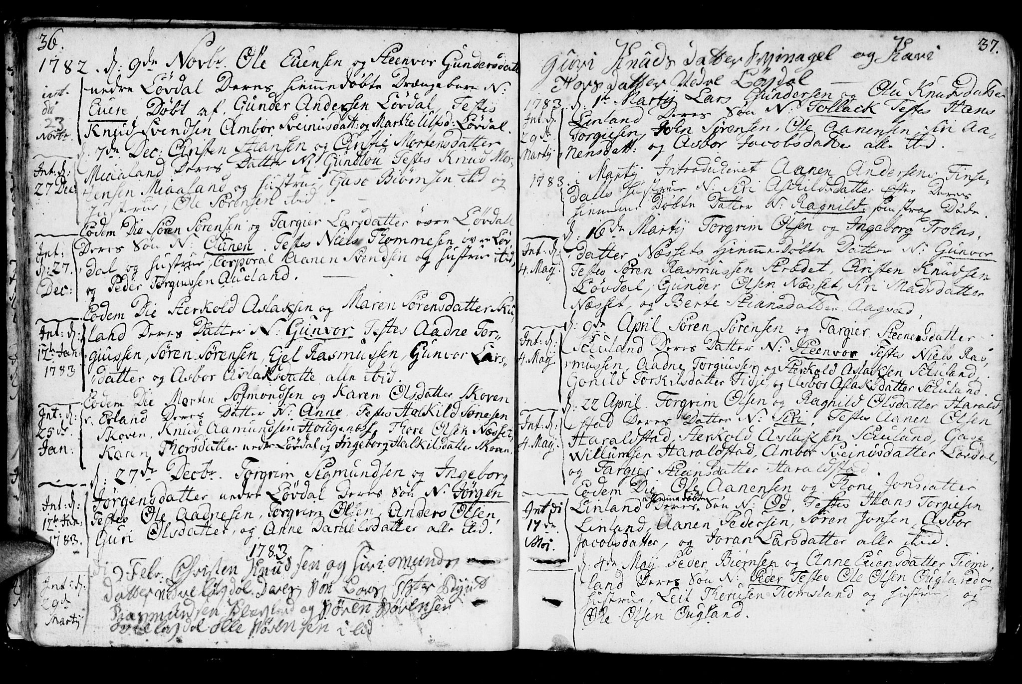 Holum sokneprestkontor, AV/SAK-1111-0022/F/Fa/Fab/L0004: Parish register (official) no. A 4, 1774-1847, p. 36-37