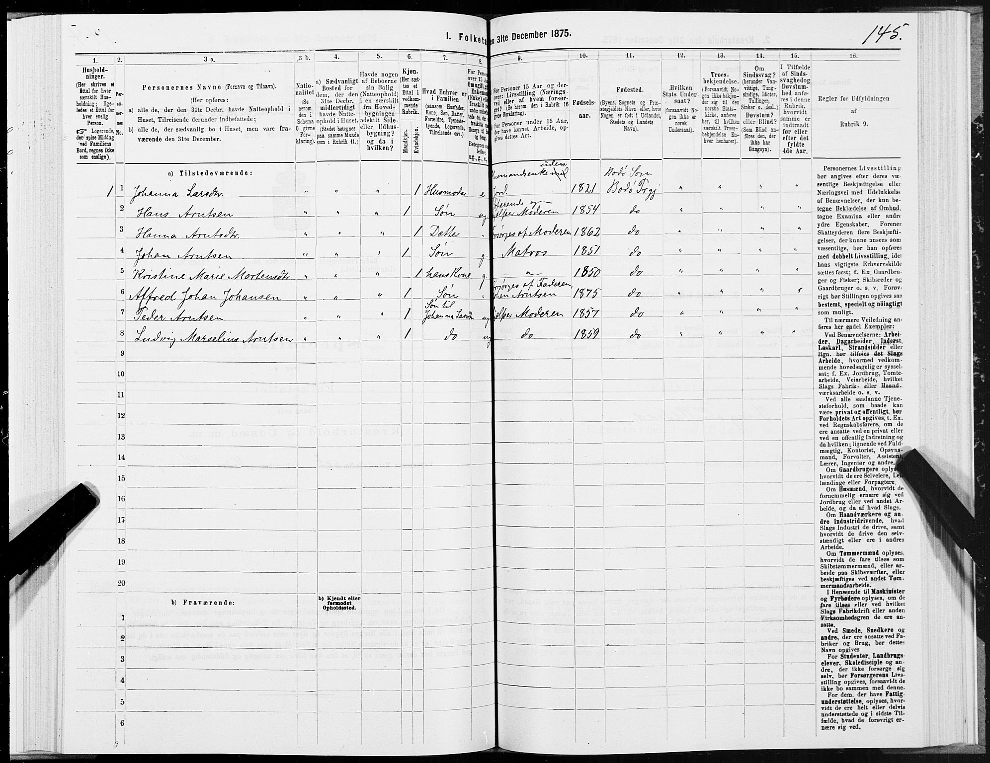 SAT, 1875 census for 1843L Bodø/Bodø, 1875, p. 1145