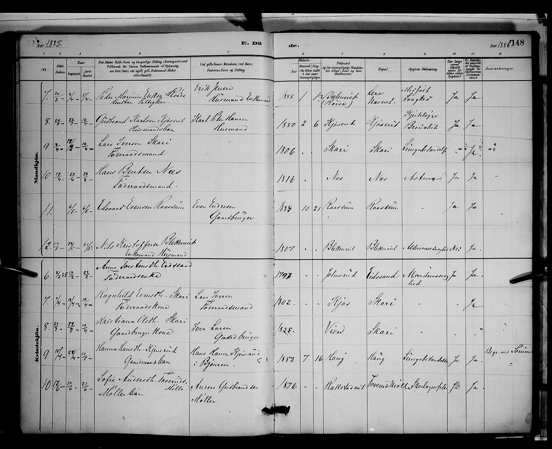 Gran prestekontor, SAH/PREST-112/H/Ha/Hab/L0003: Parish register (copy) no. 3, 1882-1890, p. 148
