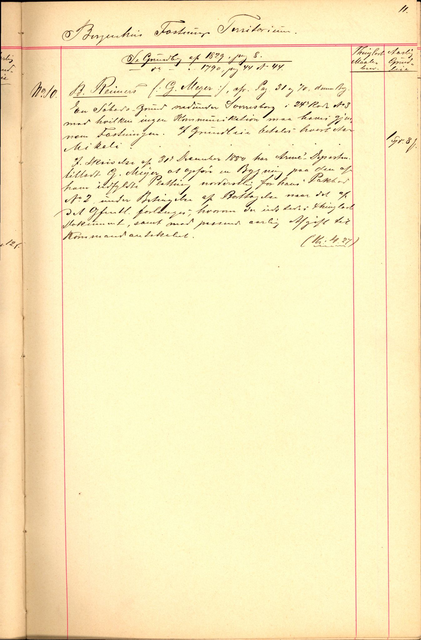 Forsvaret, Ingeniørvåpenets bygningsavdeling, AV/RA-RAFA-1832/F/Fd/L0003/0006: -- / Protokoll over bortfestet grunn, 1894, p. 11