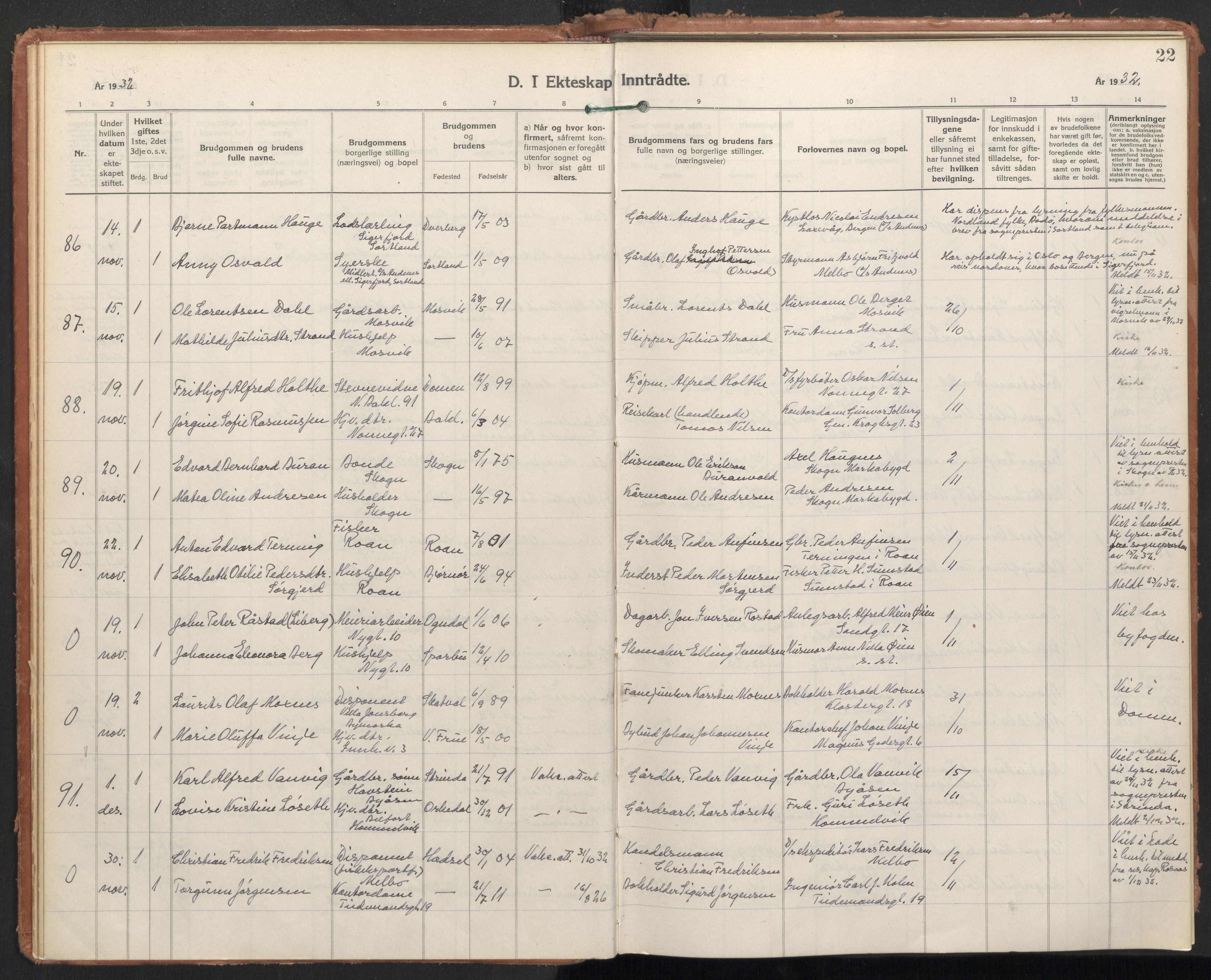 Ministerialprotokoller, klokkerbøker og fødselsregistre - Sør-Trøndelag, SAT/A-1456/604/L0209: Parish register (official) no. 604A29, 1931-1945, p. 22