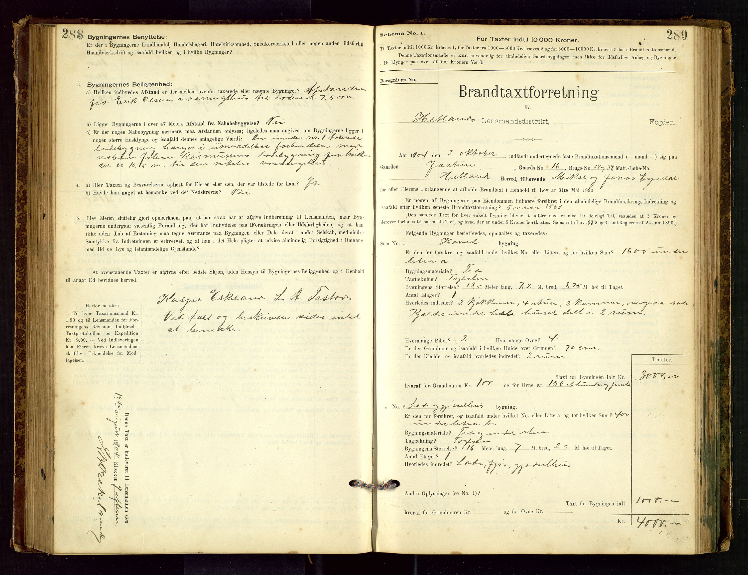 Hetland lensmannskontor, AV/SAST-A-100101/Gob/L0001: "Brandtaxationsprotokol", 1895-1918, p. 288-289