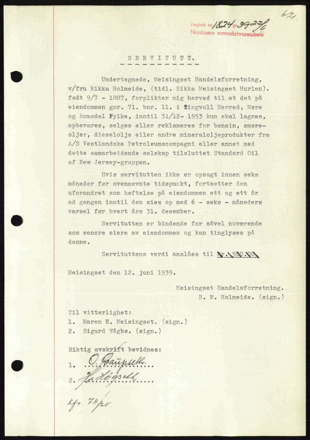 Nordmøre sorenskriveri, AV/SAT-A-4132/1/2/2Ca: Mortgage book no. B85, 1939-1939, Diary no: : 1824/1939