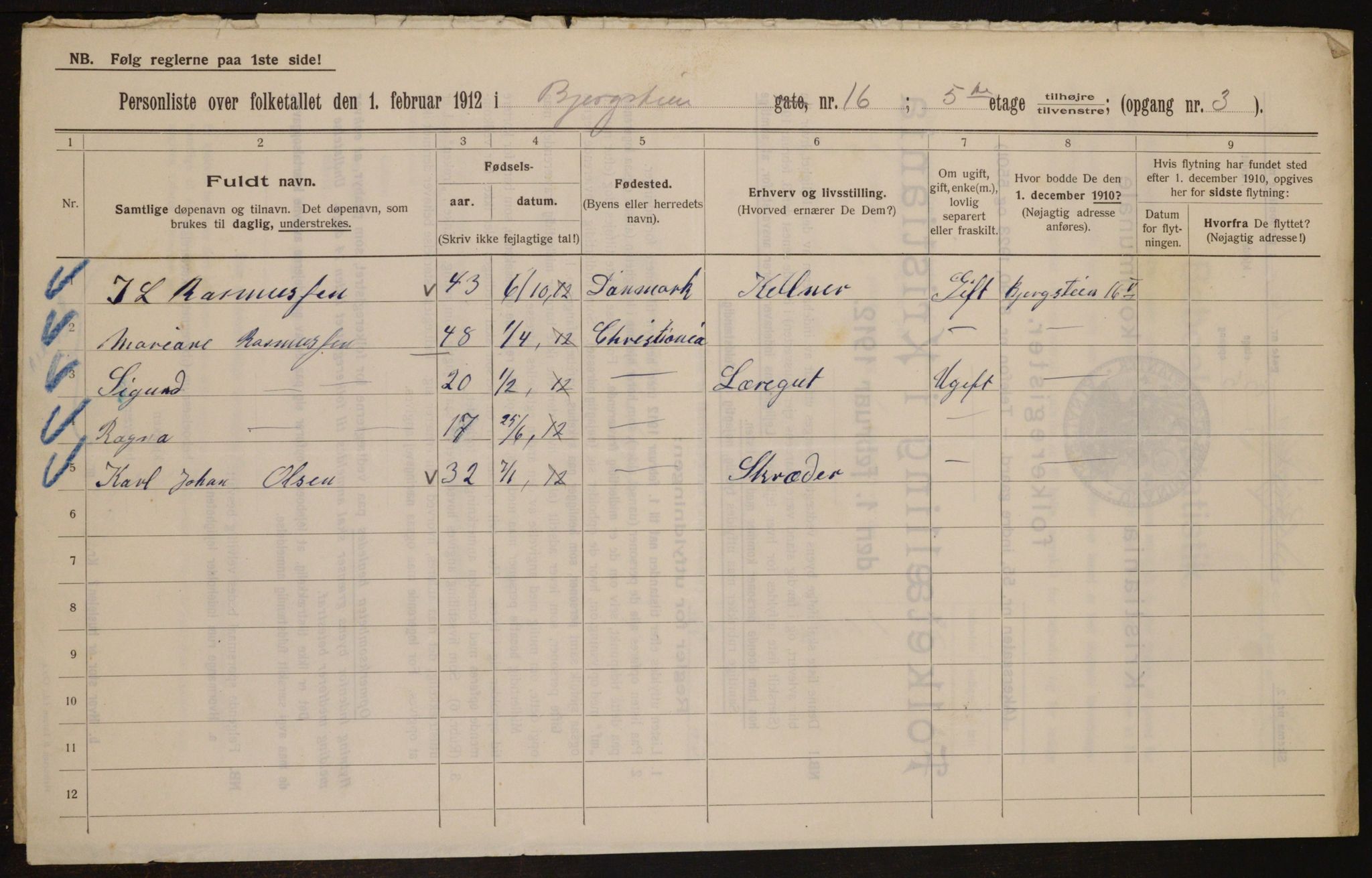 OBA, Municipal Census 1912 for Kristiania, 1912, p. 4557