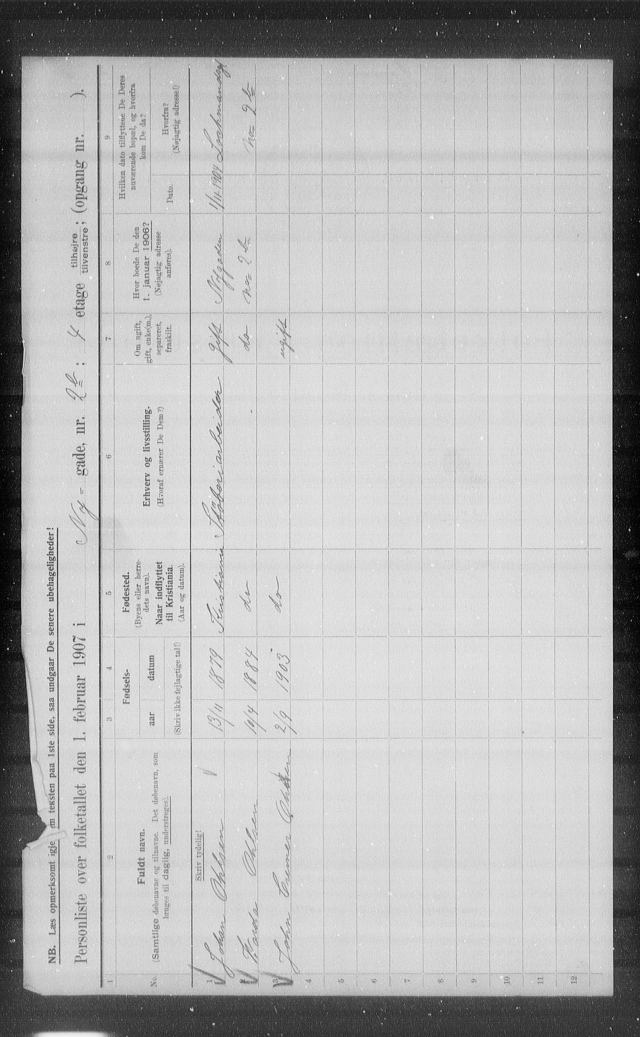 OBA, Municipal Census 1907 for Kristiania, 1907, p. 37916