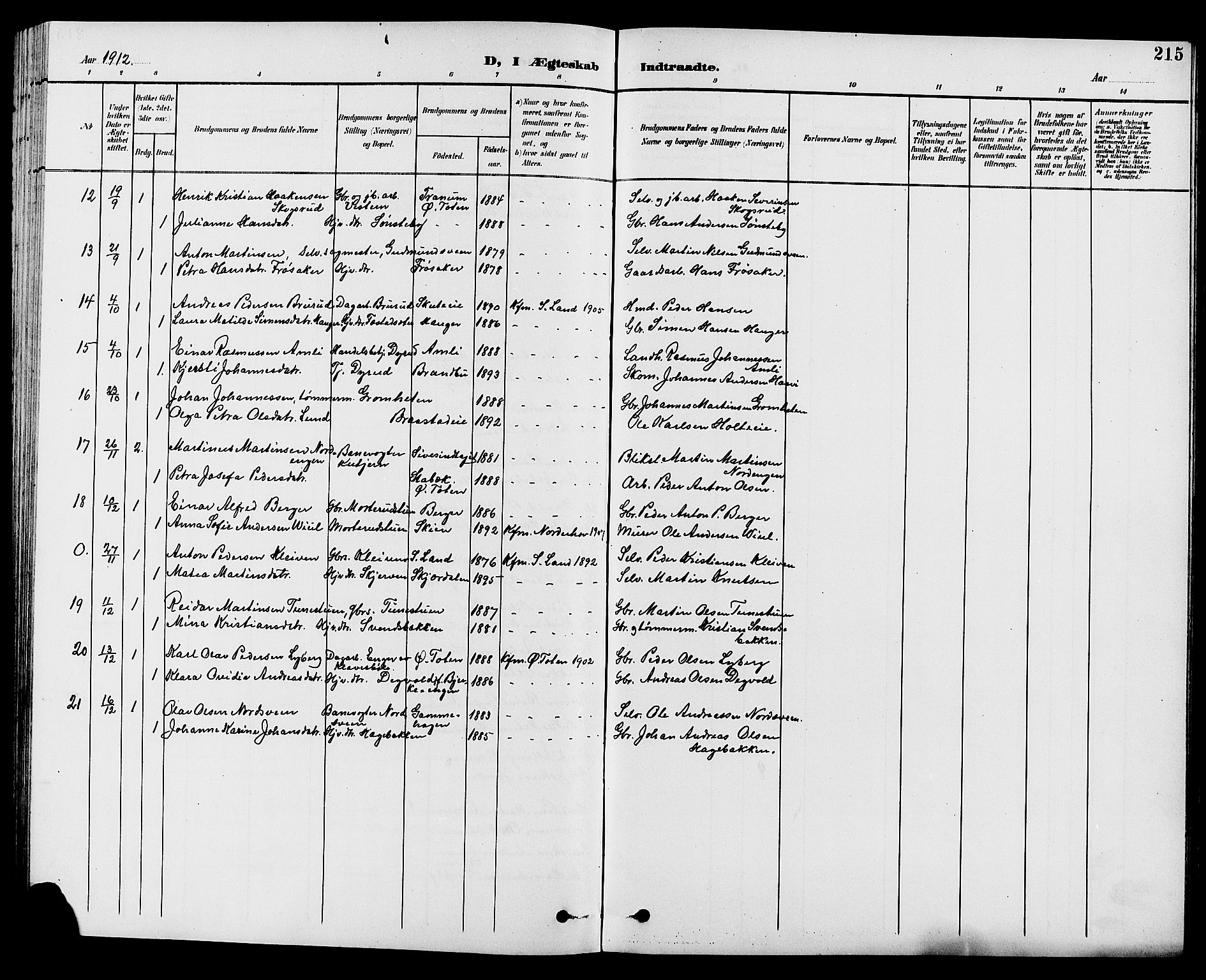 Vestre Toten prestekontor, SAH/PREST-108/H/Ha/Hab/L0010: Parish register (copy) no. 10, 1900-1912, p. 215